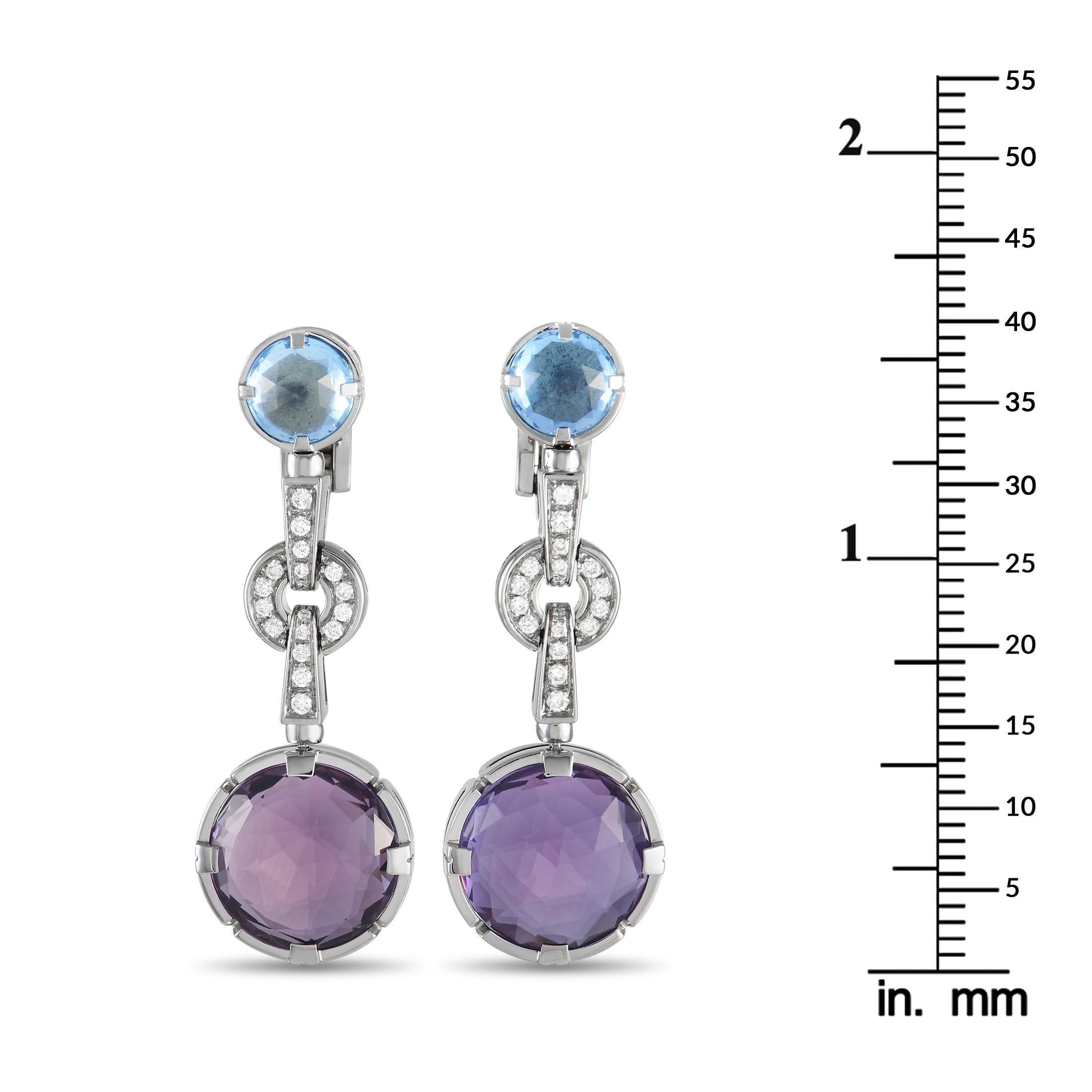 Bvlgari Parentesi 18K White Gold 0.30 Ct Diamond, Amethyst, and Topaz Earrings In Excellent Condition In Southampton, PA