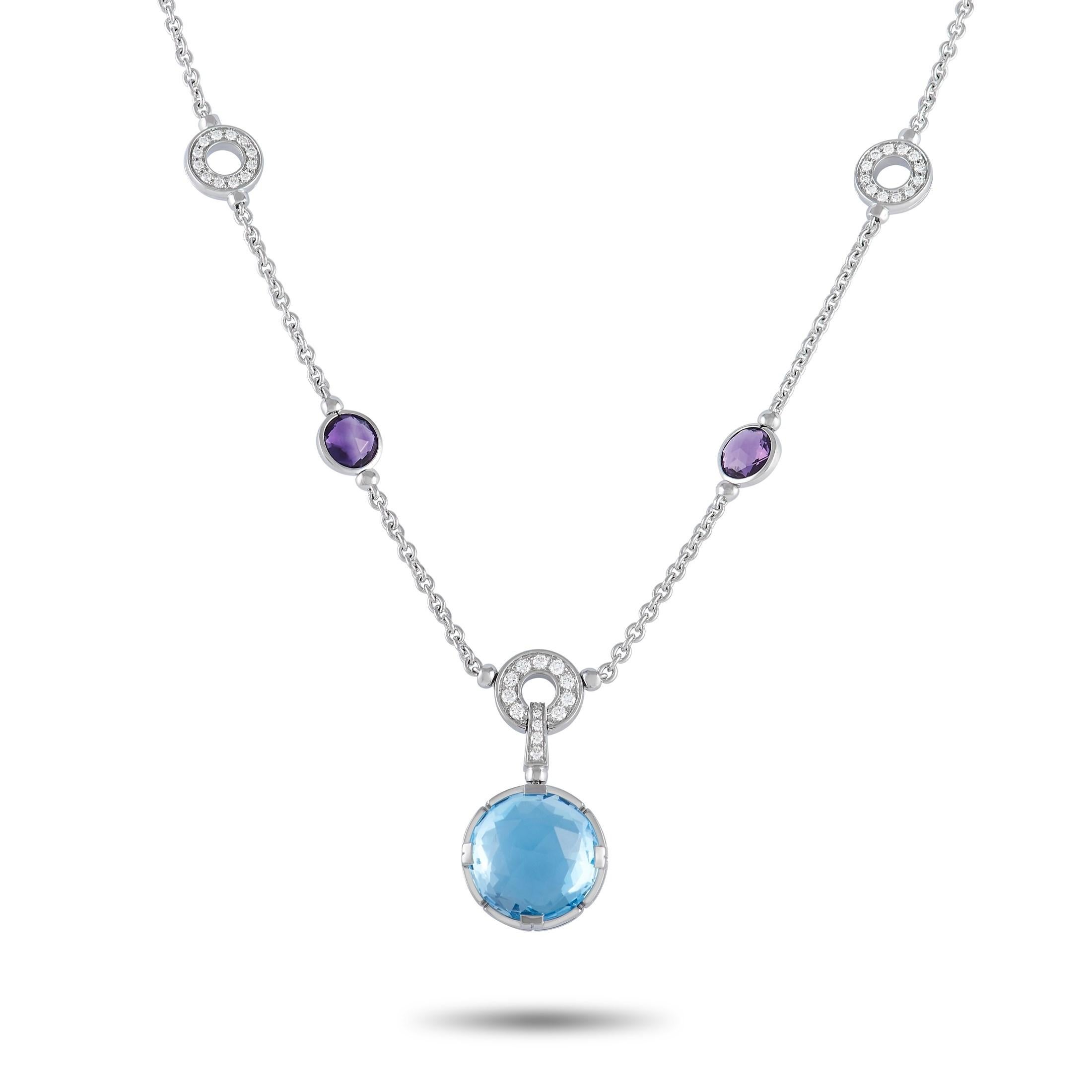 This Bvlgari Parentesi necklace is an exquisite piece that will always capture your imagination. On the 16.5” long 18K white gold chain, you’ll find stylish purple Amethyst gemstones and inset diamond accents with a total weight of 0.70 carats. A
