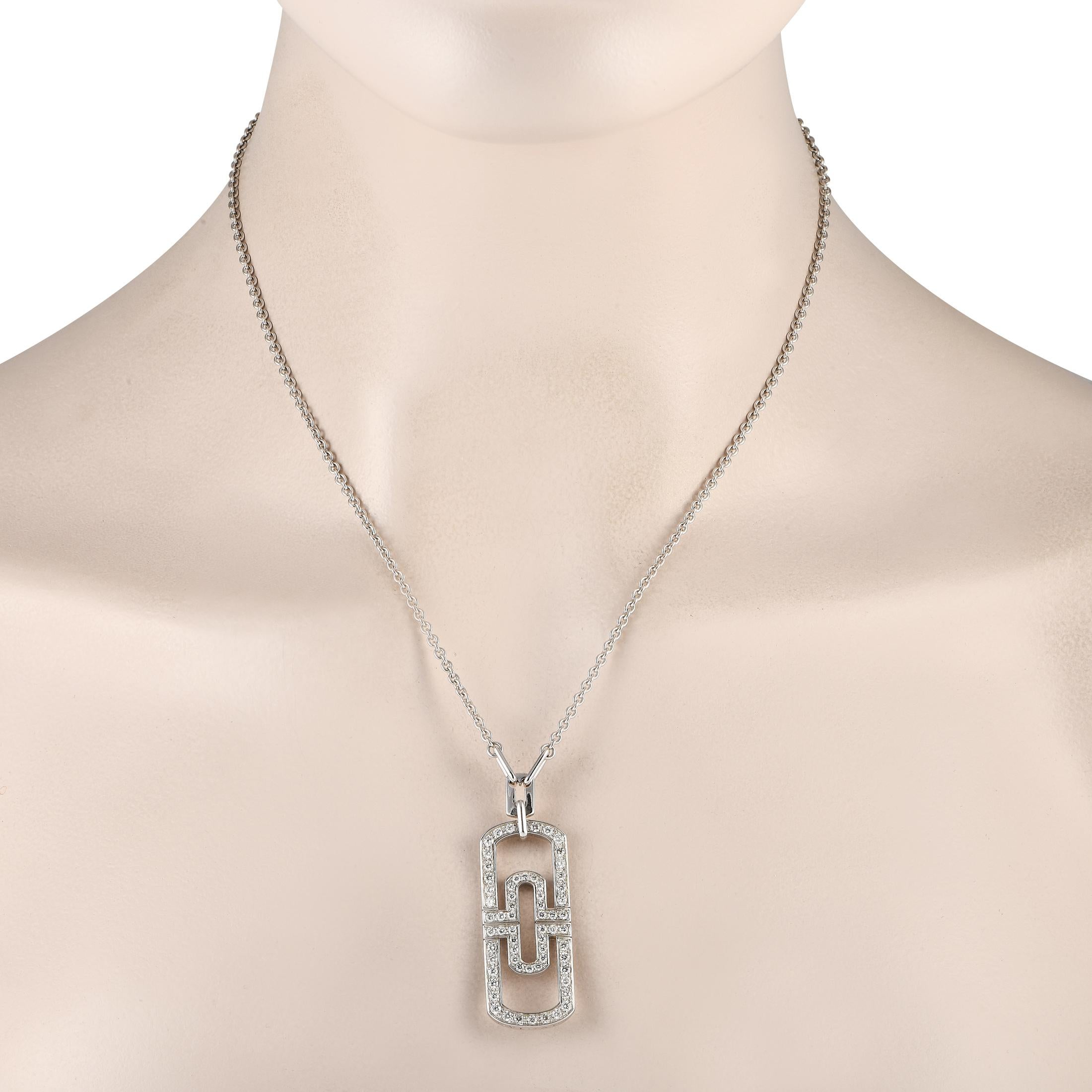 A stunning geometric pendant makes this Bvlgari Parentesi necklace instantly captivating. Diamonds with a total weight of 1.20 carats elevate the 18K White Gold pendant, which measures 1.5 long by 0.65 wide and is suspended from a delicate 18