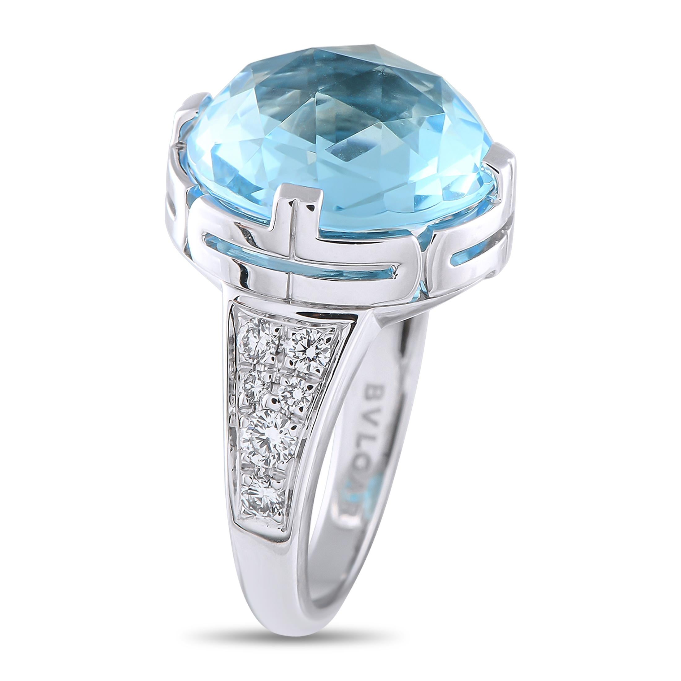 This stunning Bvlgari Parentesi ring will instantly add a touch of luxury to any ensemble. Ideal for even your most special occasions, a captivating blue Topaz makes a statement at the center of the design. Inset Diamonds elevate the 18K White Gold