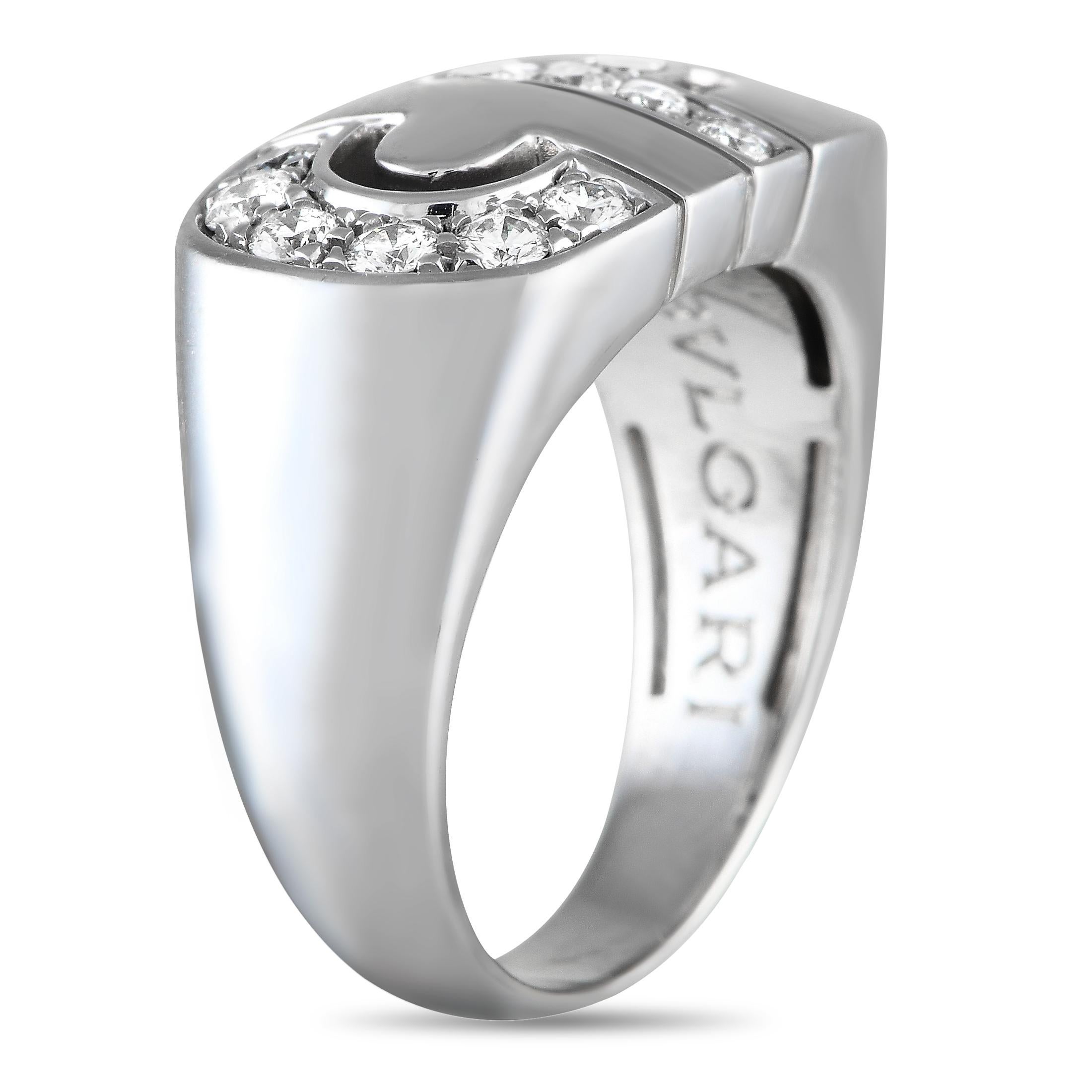 Inspired by Romes iconic cobblestone streets, this Bvlgari Parentesi ring is truly timeless in design. Inset Diamonds elevate the symmetrical design at the top of this rings sleek, sophisticated 18K White Gold setting. Luxurious and ideal for