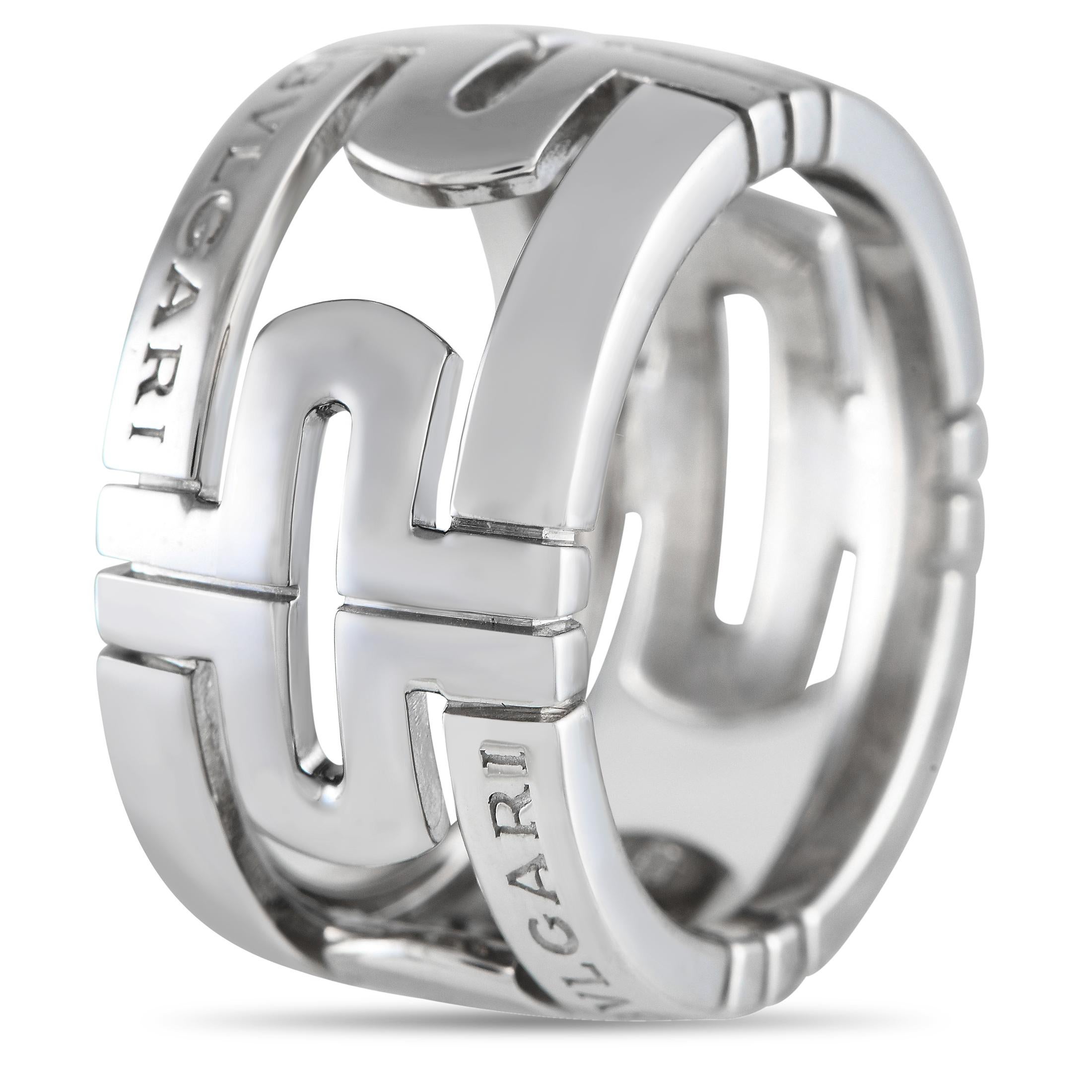 A striking, symmetrical design is the hallmark of this exquisite Bvlgari Parentesi ring. Crafted from 18K White Gold, the sleek setting is elevated by the luxury brands signature incorporated into the pattern. Ideal for any occasion, it measures