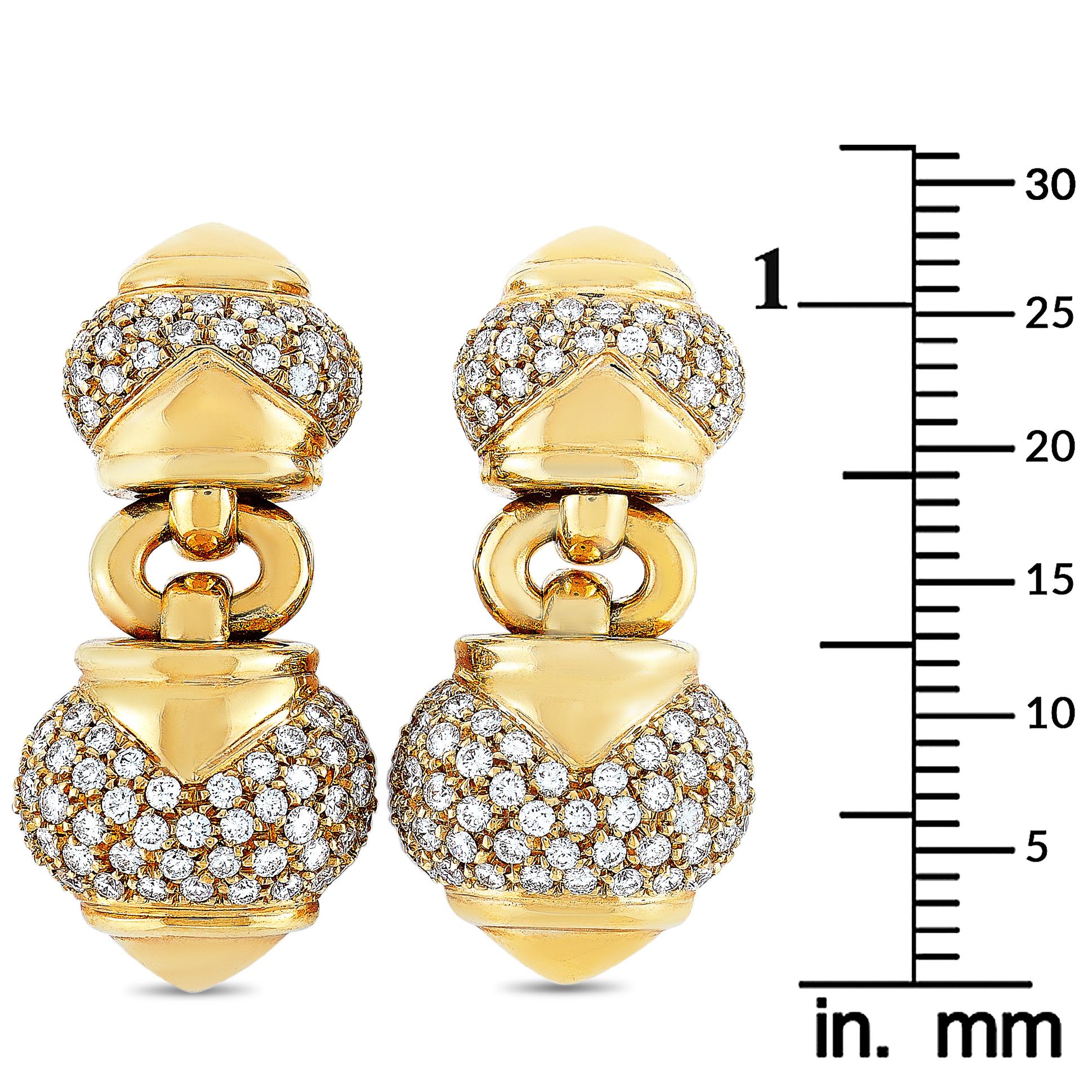 Bvlgari Parentesi 18 Karat Yellow Gold 1.75 Carat Diamond Dangle Earrings In Excellent Condition In Southampton, PA
