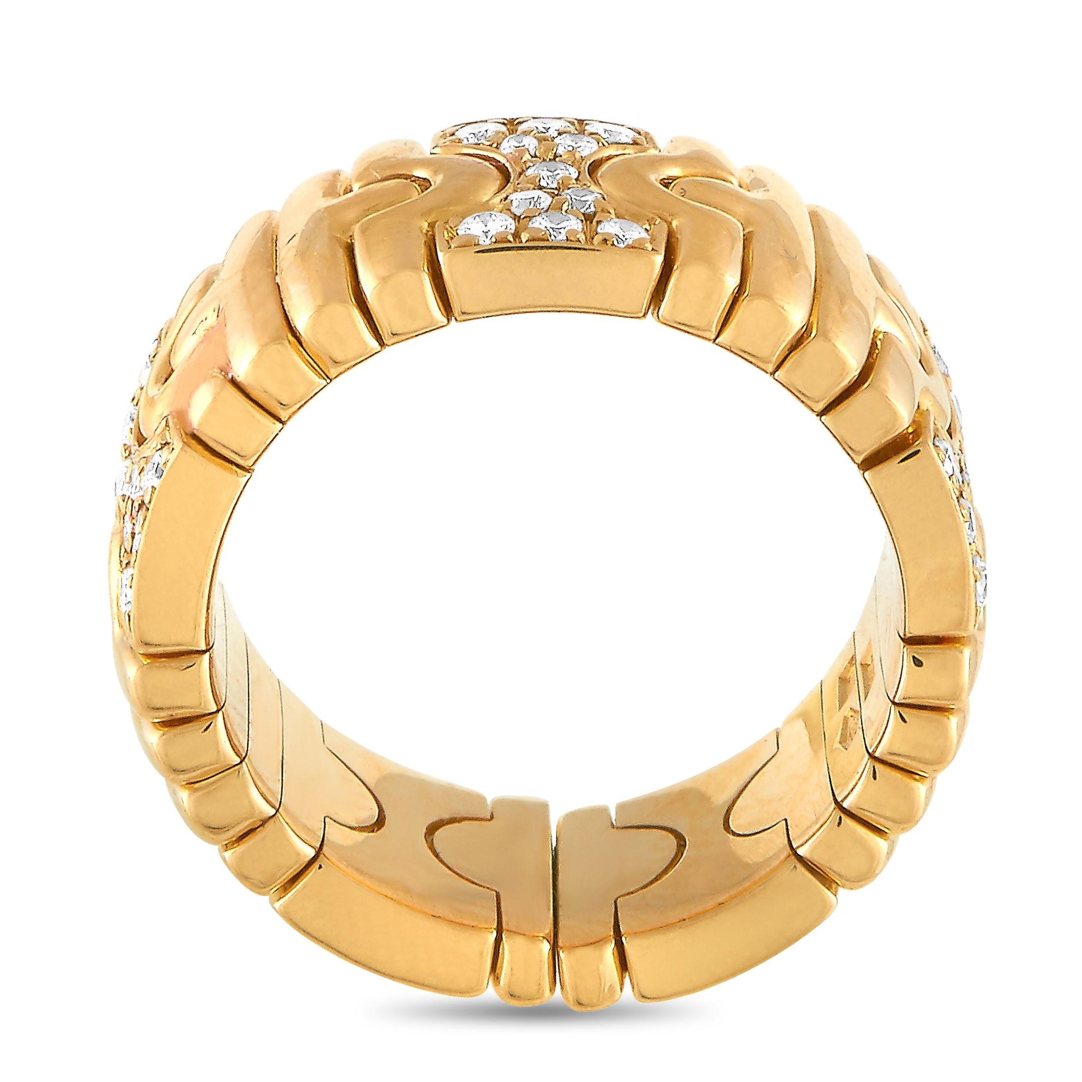The Bvlgari “Parentesi” ring is made of 18K yellow gold and embellished with diamonds. The ring weighs 15.5 grams and boasts band thickness of 8 mm and top height of 8 mm, while top dimensions measure 8 by 20 mm.

This jewelry piece is offered in