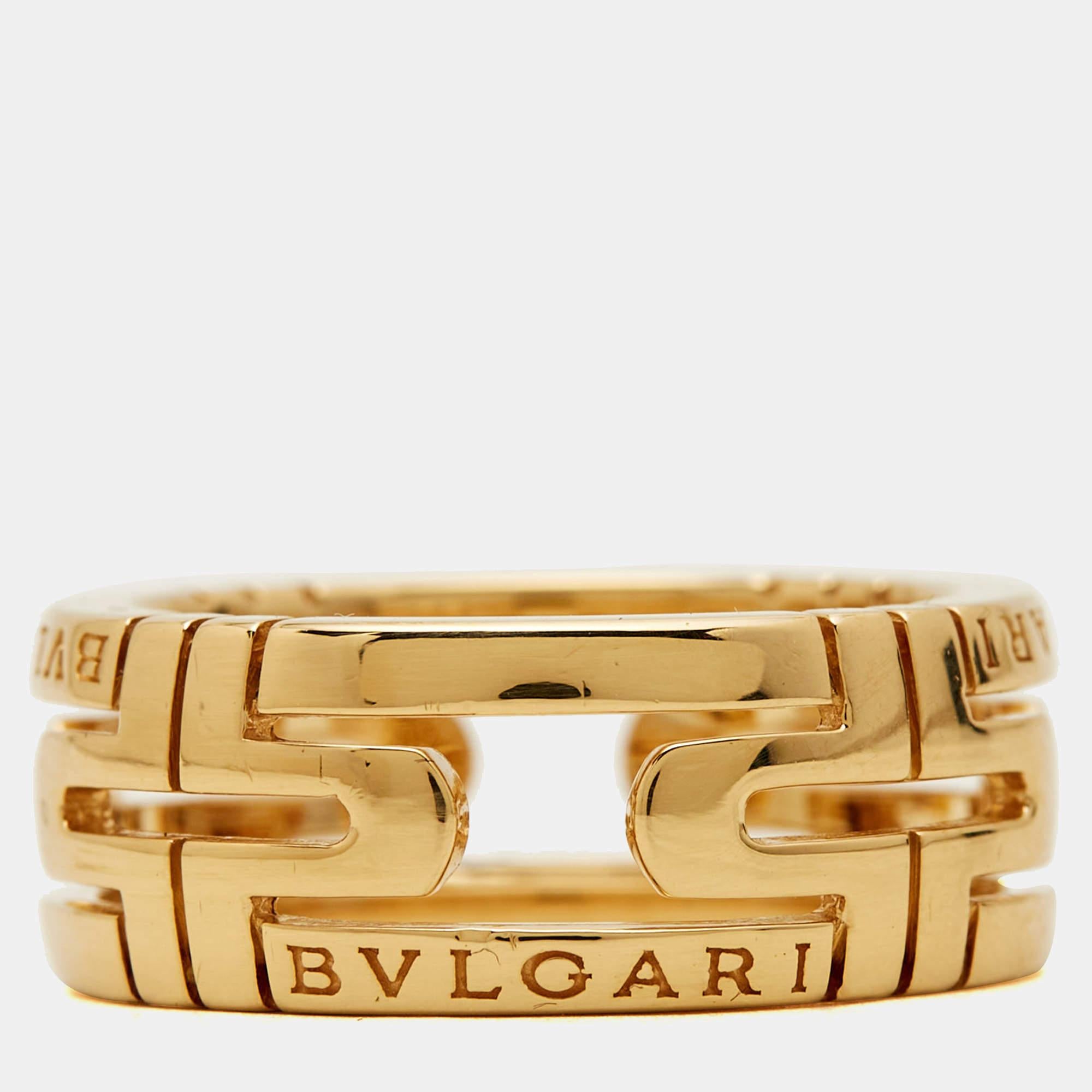 The Bvlgari ring is an exquisite piece of jewelry exuding elegance and luxury. Crafted from gleaming 18k yellow gold, its design features the iconic Parentesi motif, showcasing a timeless blend of sophistication and craftsmanship. A symbol of