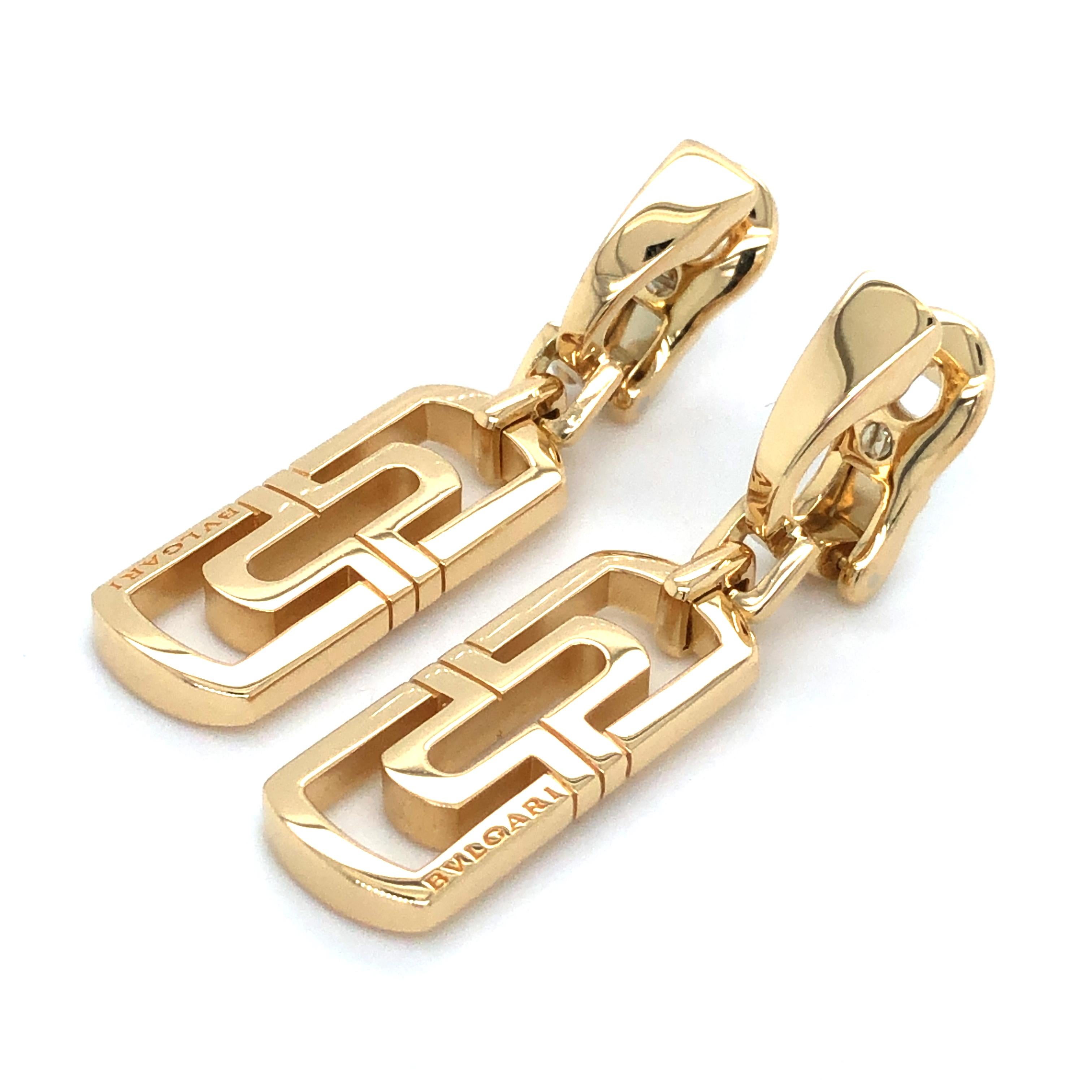 Retro Bvlgari Parentesi 18k Yellow Gold Square Dangling Earrings For Sale
