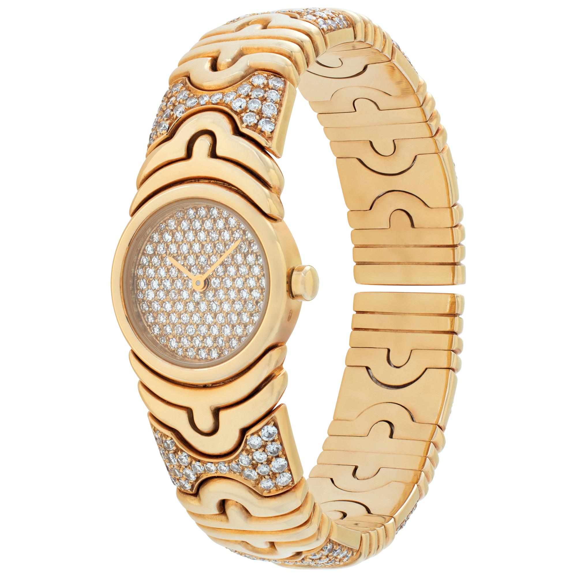 Bvlgari Parentesi watch in 18k yellow gold with pave diamond dial and pave diamond stations on bracelet. Quartz. 20 mm case size. Ref BJ 01. Circa 2000s. Fine Pre-owned Bvlgari / Bulgari Watch. Certified preowned Dress Bvlgari Parentesi BJ 01 watch