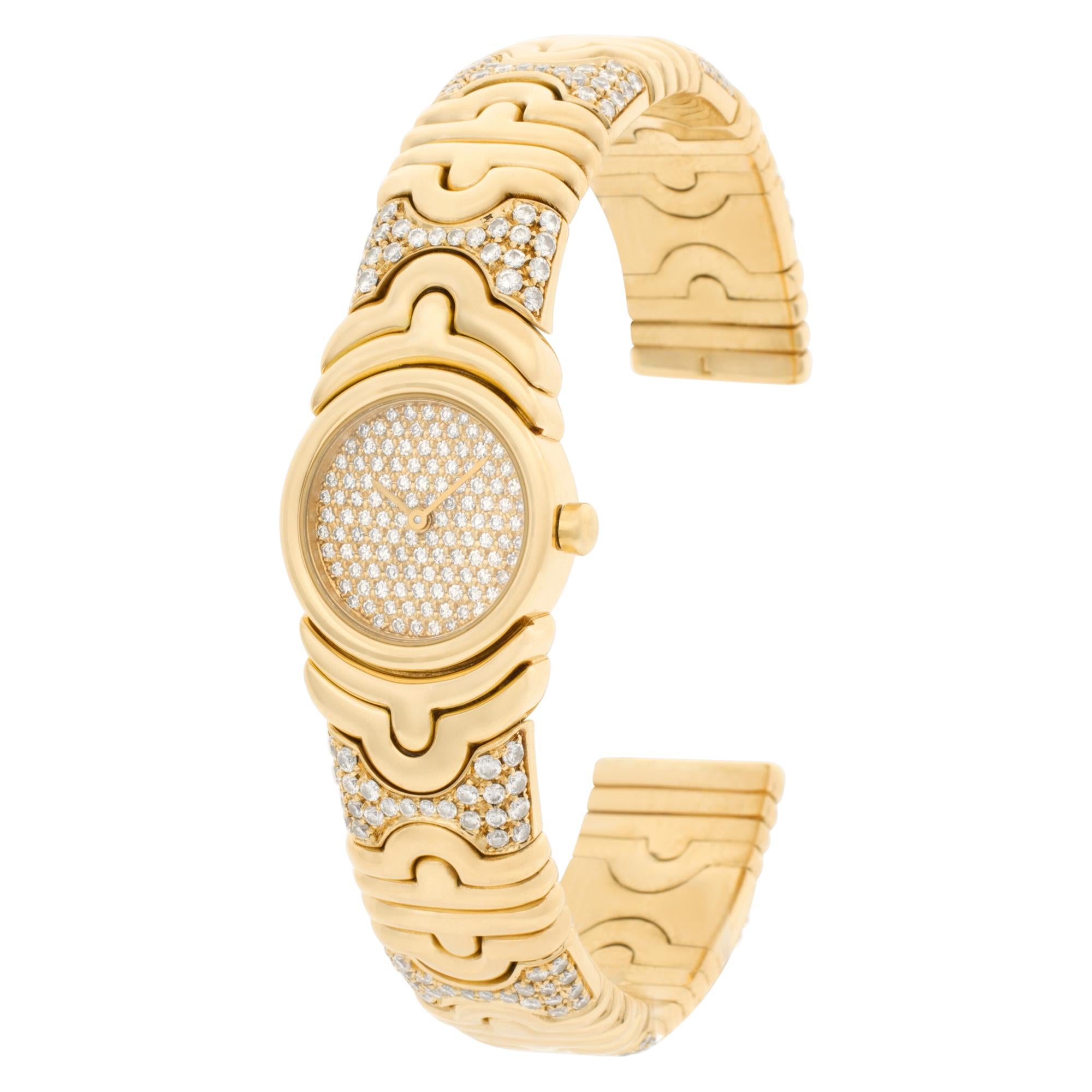 Bvlgari Parentesi diamond watch in 18k, with diamond dial and diamonds on the band. Quartz. 20 mm case size. Ref BJ 01. Fits 6-7.5 inches. Circa 2000s. Fine Pre-owned Bvlgari / Bulgari Watch.

Certified preowned Dress Bvlgari Parentesi BJ 01 watch