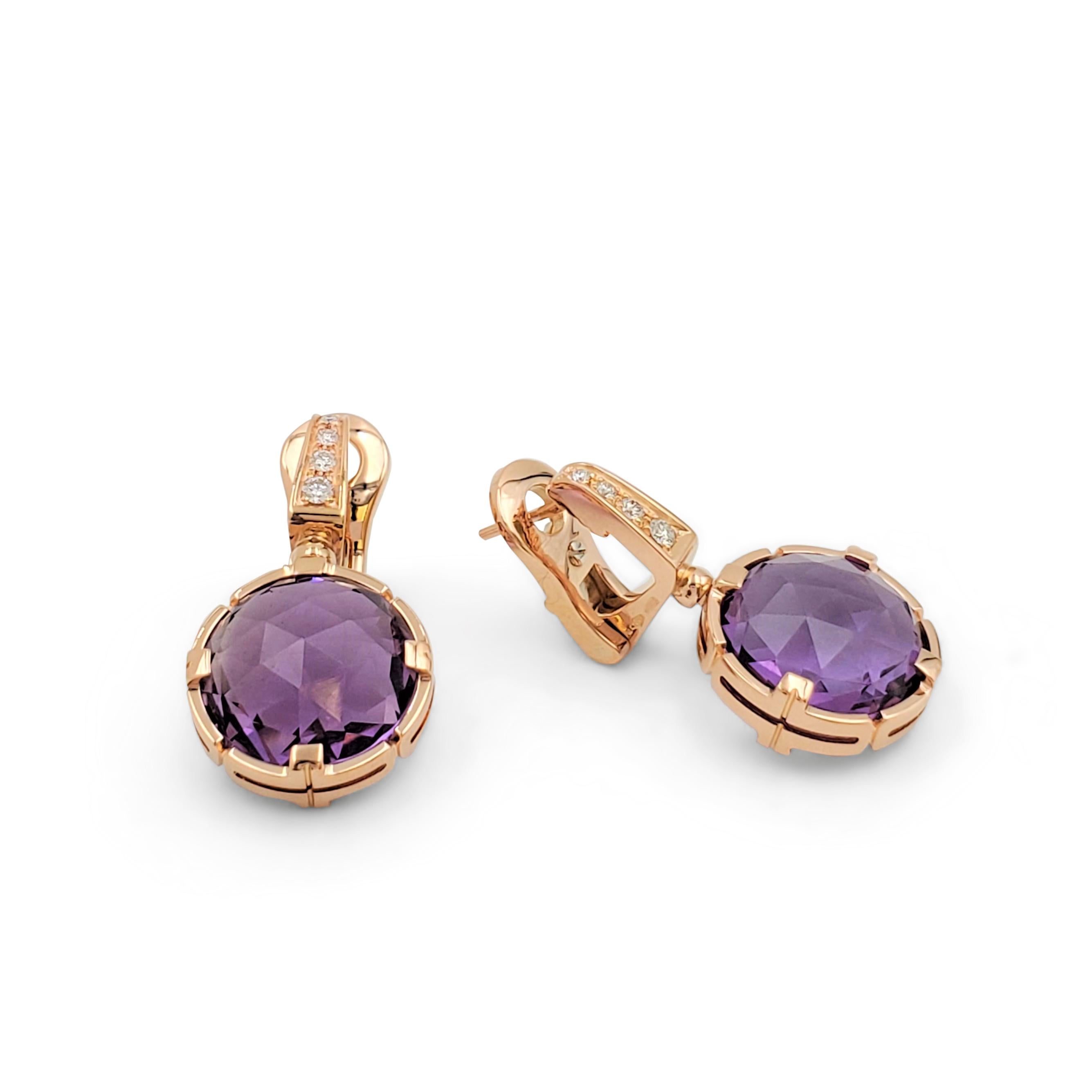 Authentic Bvlgari 'Parentesi Cocktail' Earrings crafted in 18 karat rose gold. Each earring is set with a shimmering rose cut amethyst dropped from a row of tapered bead set round brilliant cut diamonds weighing an estimated 0.18 carats (F color, VS