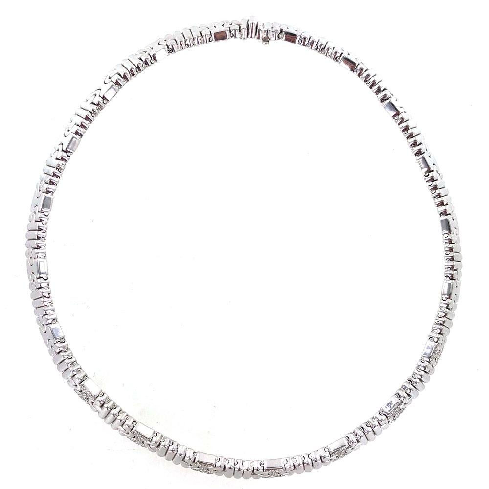 Bvlgari Parentesi Diamond Necklace. The solid link necklace is fashioned in 18 karat white gold and features approximately 1.26 carat total weight of round brilliant cut diamonds graded G-H color and VVS-VS clarity. The necklace measures 17 inches