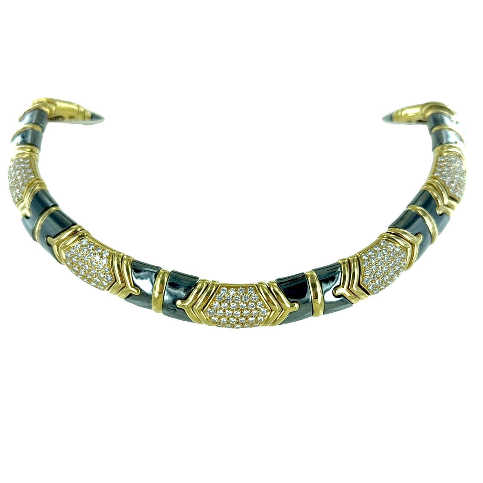 Bvlgari Parentesi Diamond 18 Karat Yellow Gold Hematite Vintage Collar Necklace In Excellent Condition In Boca Raton, FL
