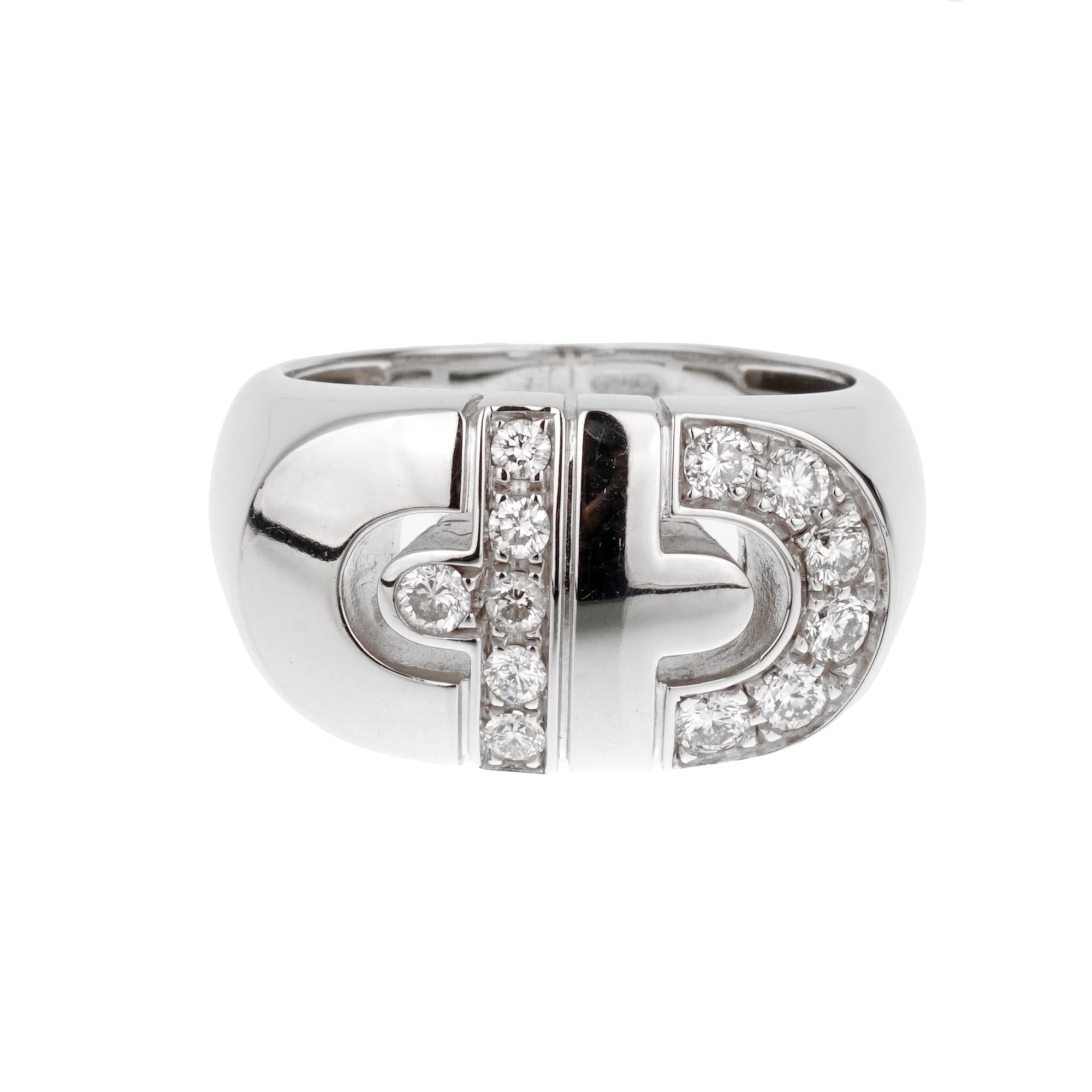 The Bvlgari Parentesi Diamond 18k White Gold Ring is a sophisticated statement piece that exemplifies the brand’s legacy of luxurious and timeless designs. Part of the renowned Parentesi collection, this ring seamlessly blends architectural