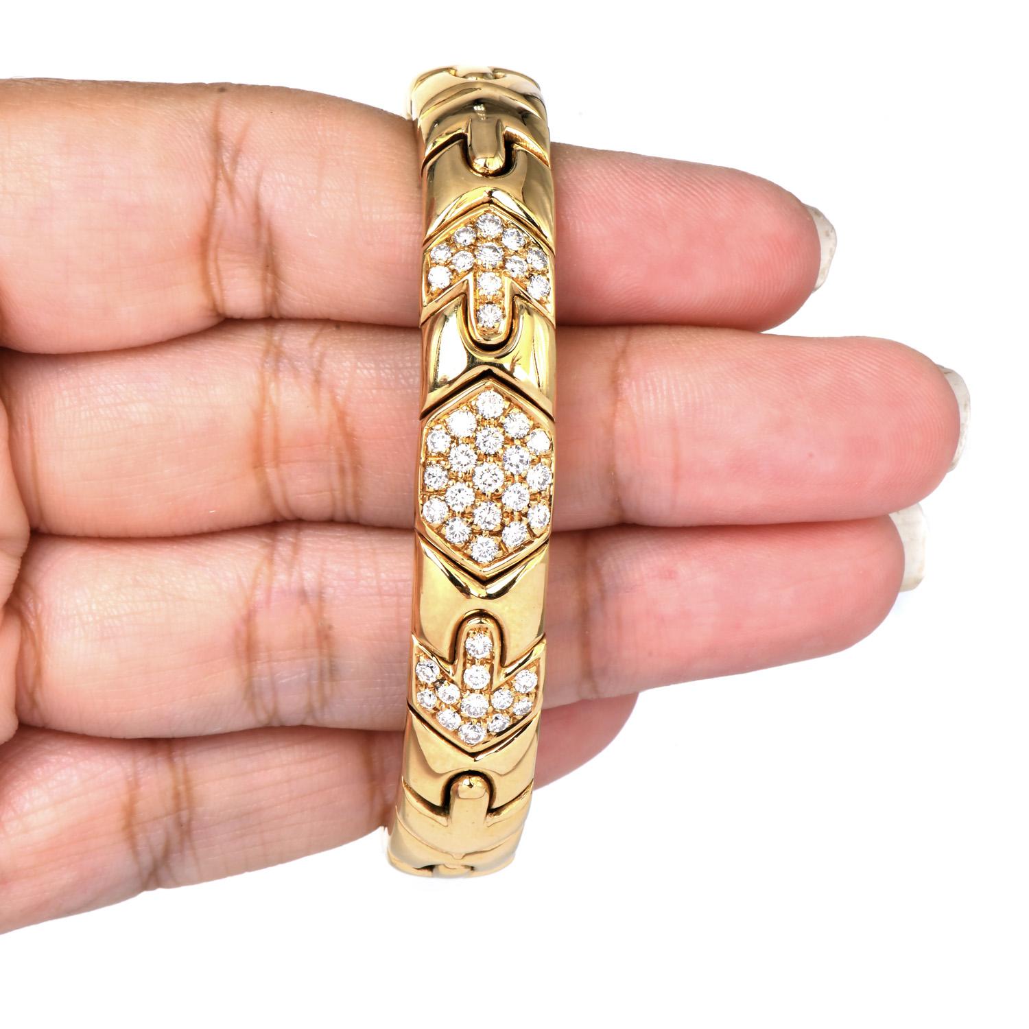 Round Cut Bvlgari Parentesi Diamond 18K Yellow Gold Link Cuff Bangle Bracelet