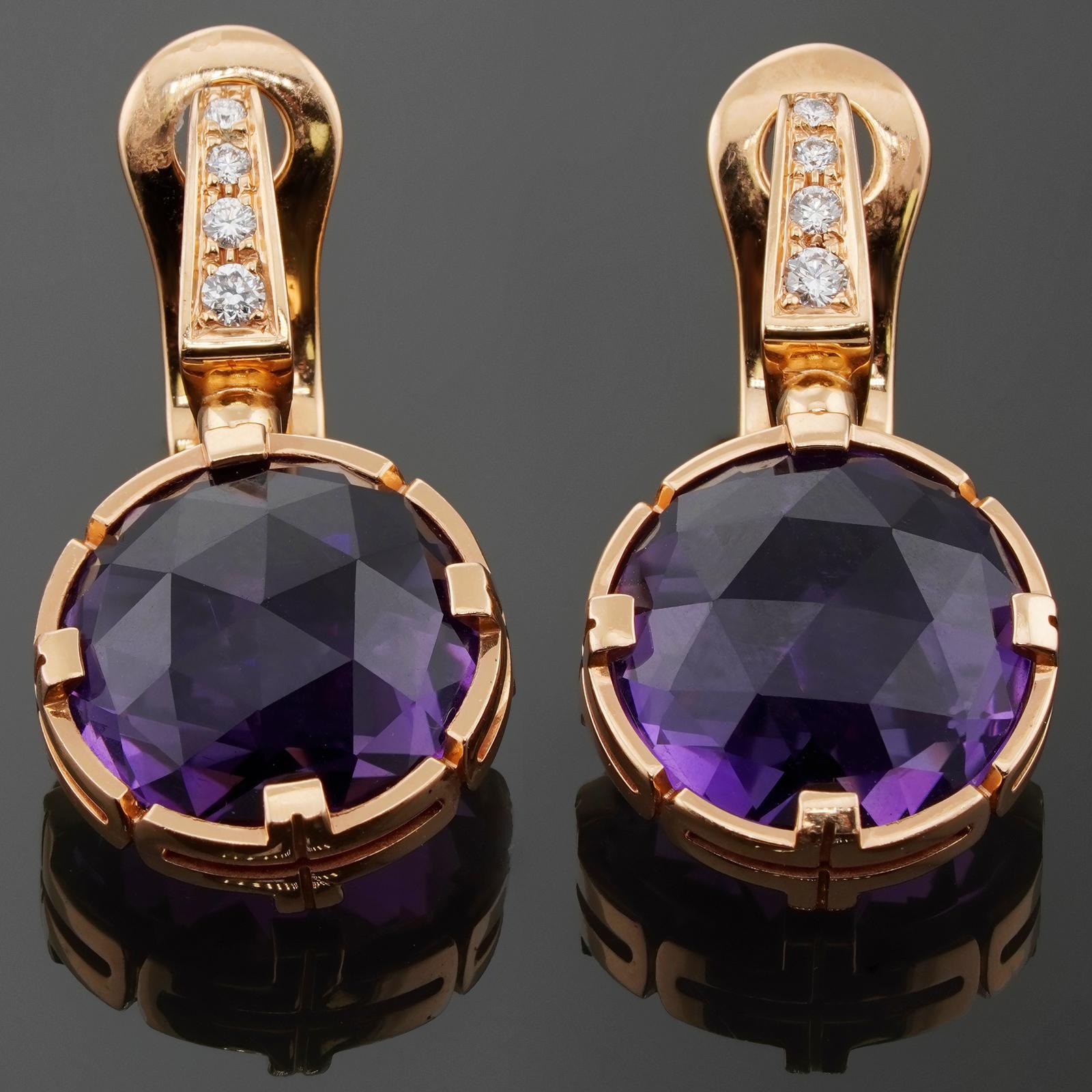 These vibrant clip-on earrings from Bulgari's Parentesi collection are crafted in 18k rose gold, set with brilliant-cut round E-F-G VVS1-VVS2 diamonds and completed with faceted round amethyst drops. Made in Italy circa 2010s. Measurements: 0.59