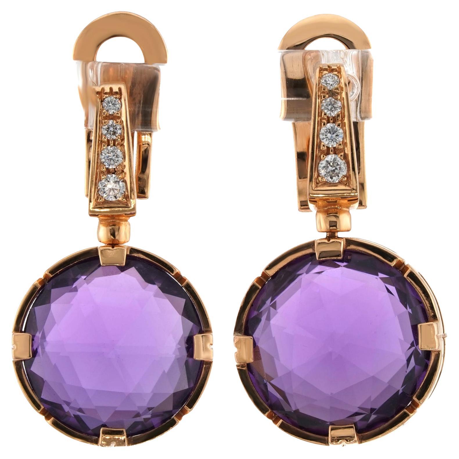 BVLGARI Parentesi Diamond Amethyst Rose Gold Drop Earrings For Sale