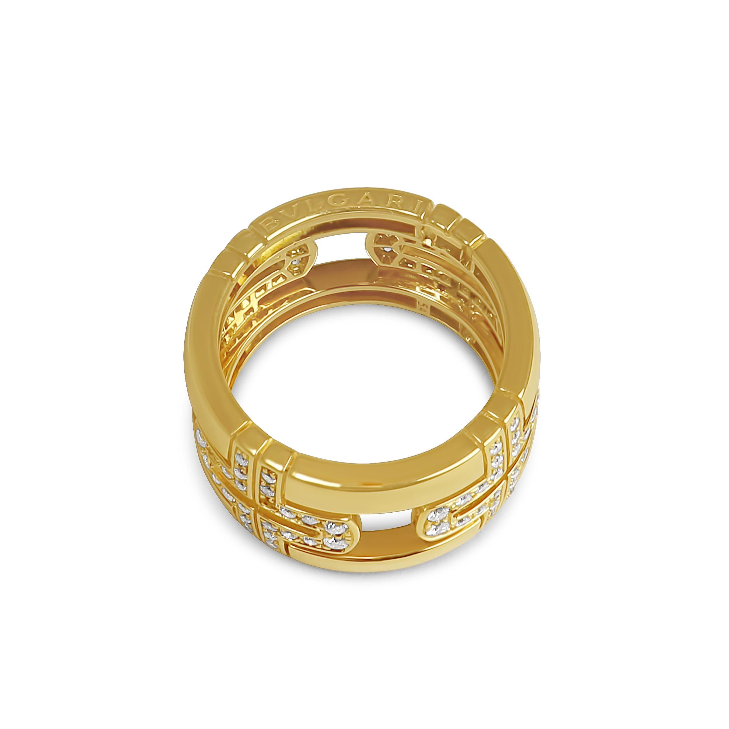 This Bvlgari ring from the 'Parentesi' collection features strong geometric elements, partially paved with 96 sparkling round brilliant cut diamonds. The wideband ring is crafted in 18 karat Yellow Gold and will add a precious and luxurious touch to