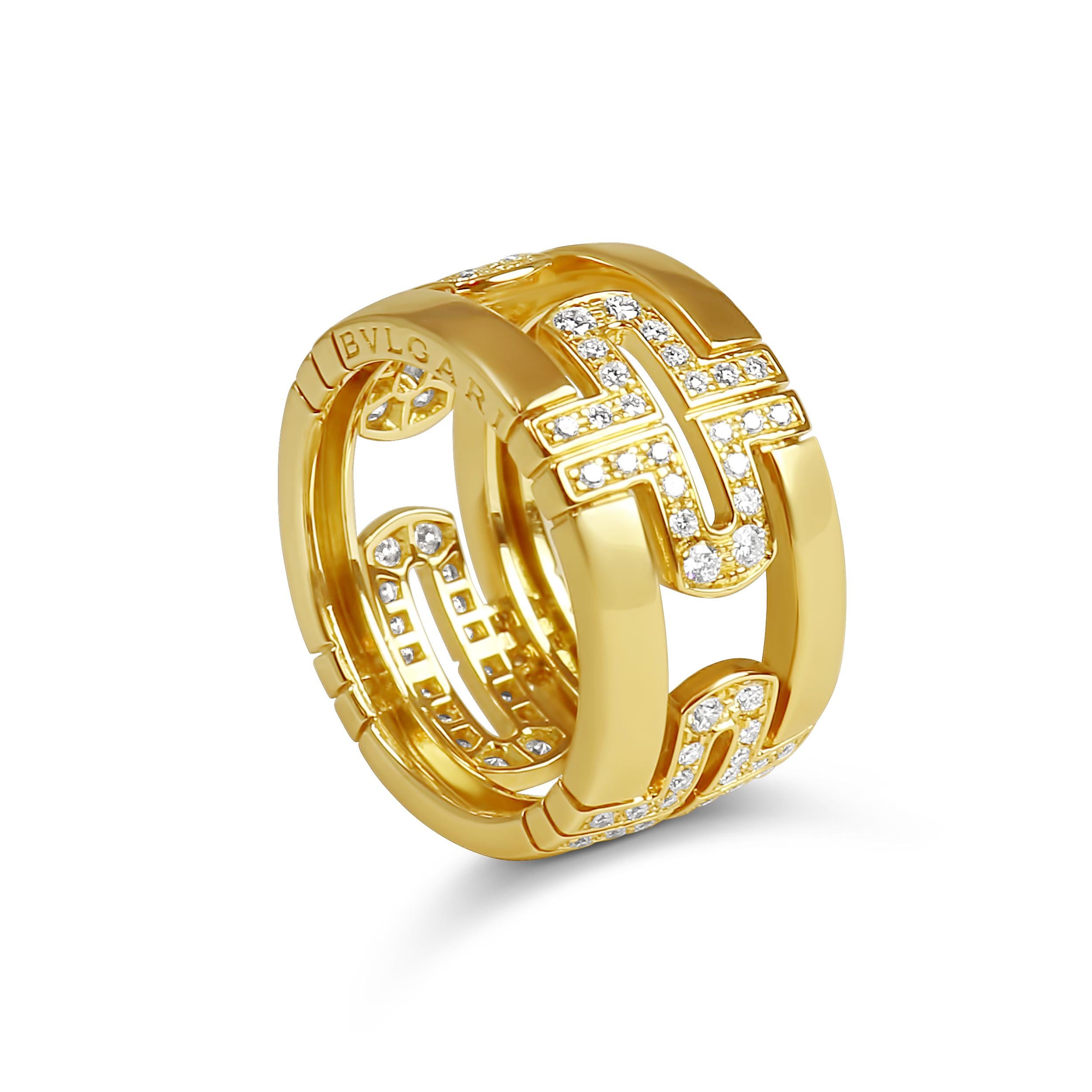 Bvlgari 'Parentesi' Diamond and Yellow Gold Wide Band Ring In Excellent Condition In New York, NY