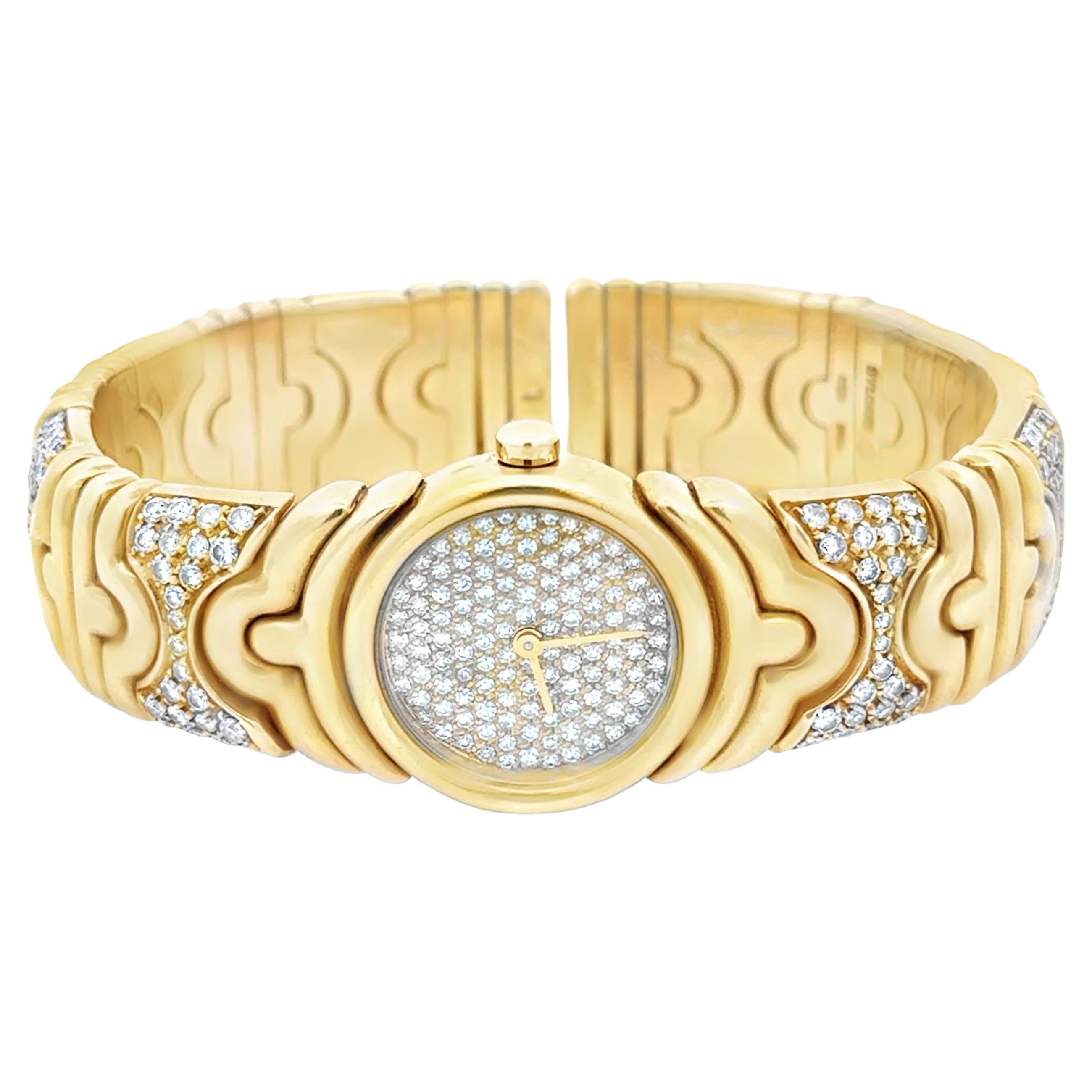 Bvlgari Parentesi Round Brilliant Cut Diamond 18K Yellow Gold Cuff Bangle Watch