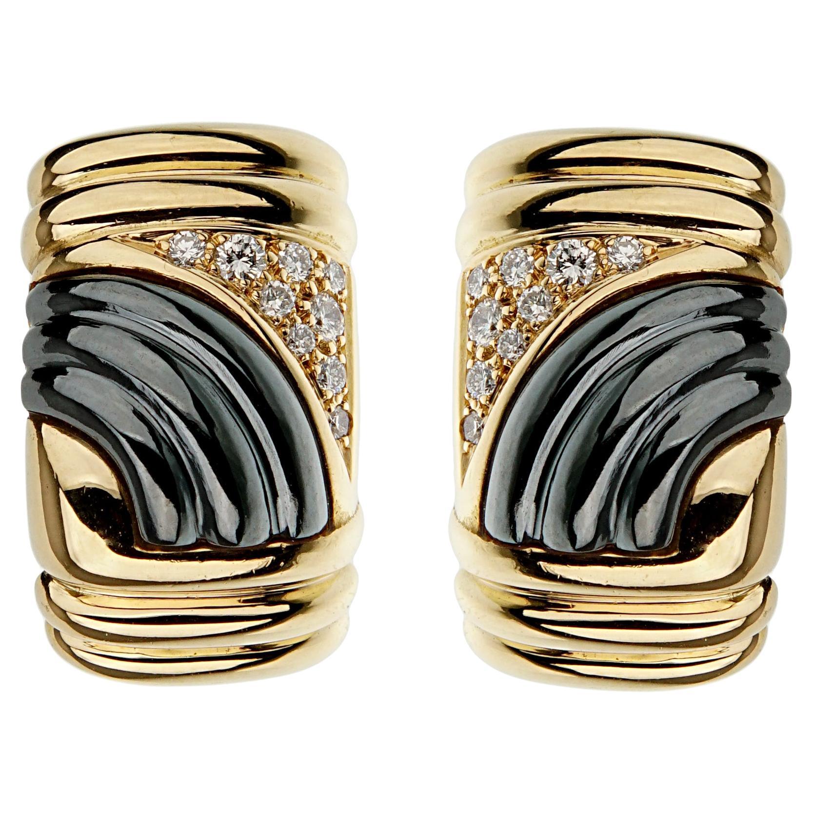 Bvlgari Parentesi Vintage Diamond Hematite Yellow Gold Earrings For Sale