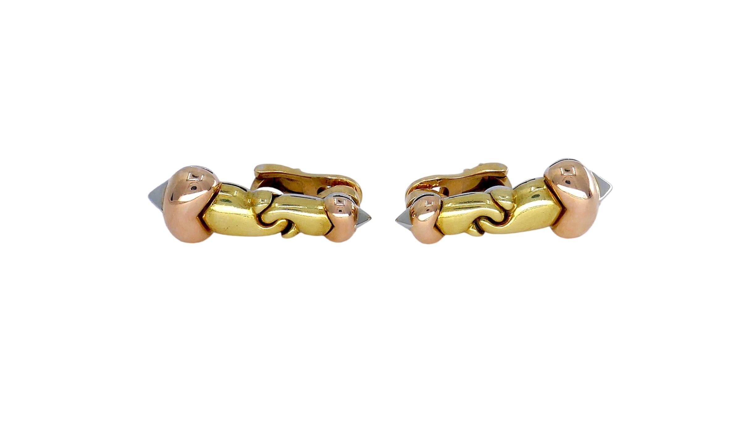 Crafted with finesse and sophistication, the Bvlgari Passo Doppio Tri-tone 18k Gold Earrings are a testament to timeless elegance. Designed as clip-on earrings, they offer both comfort and style, weighing a substantial 21.0 grams. The tricolor