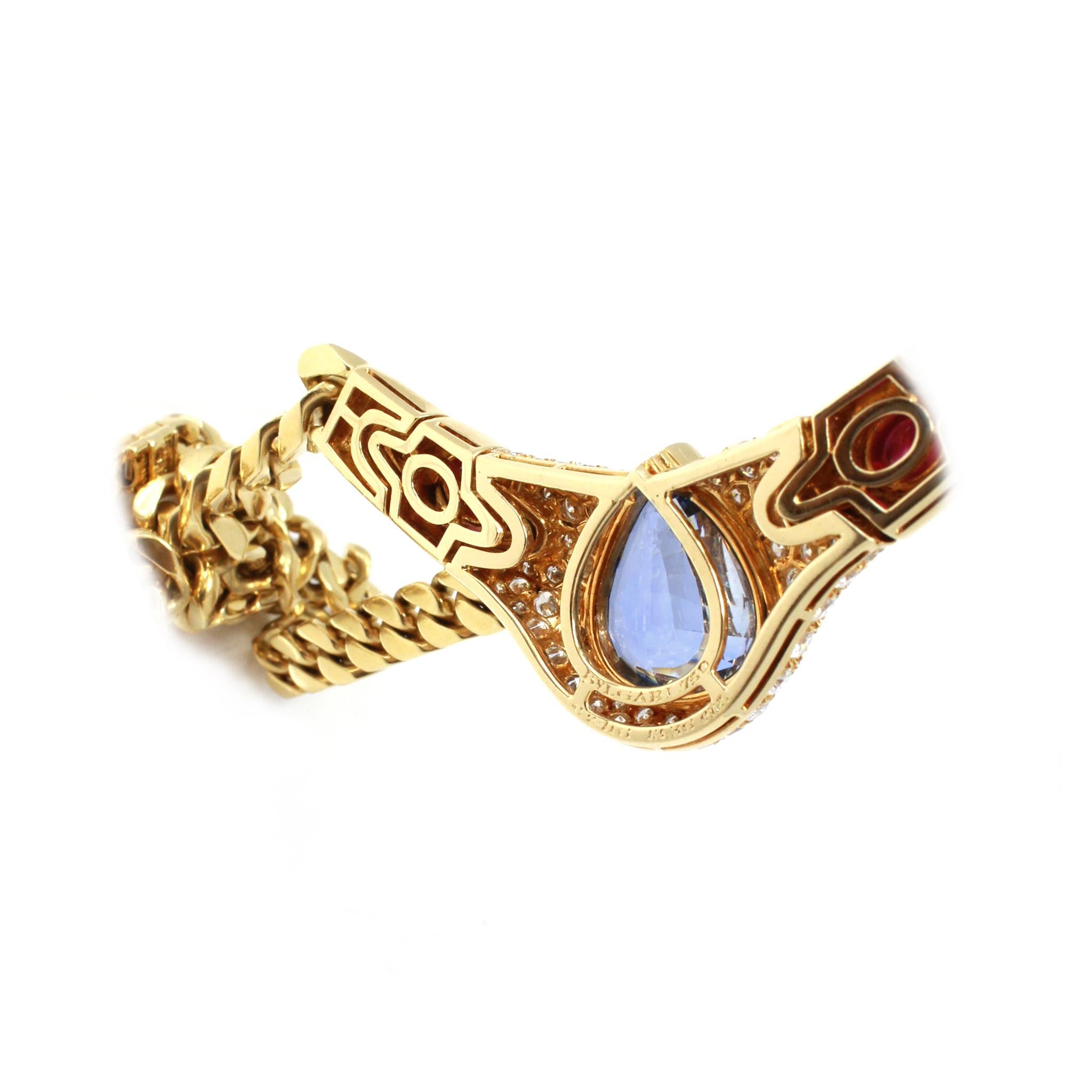 Pear Cut Bvlgari Pear-Shaped Ceylon Sapphire, Ruby and Diamond Necklace in 18 Karat Gold