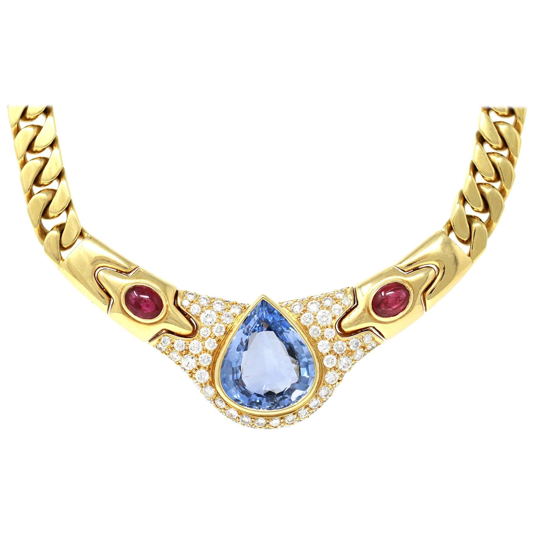 Bvlgari Pear-Shaped Ceylon Sapphire, Ruby and Diamond Necklace in 18 Karat Gold