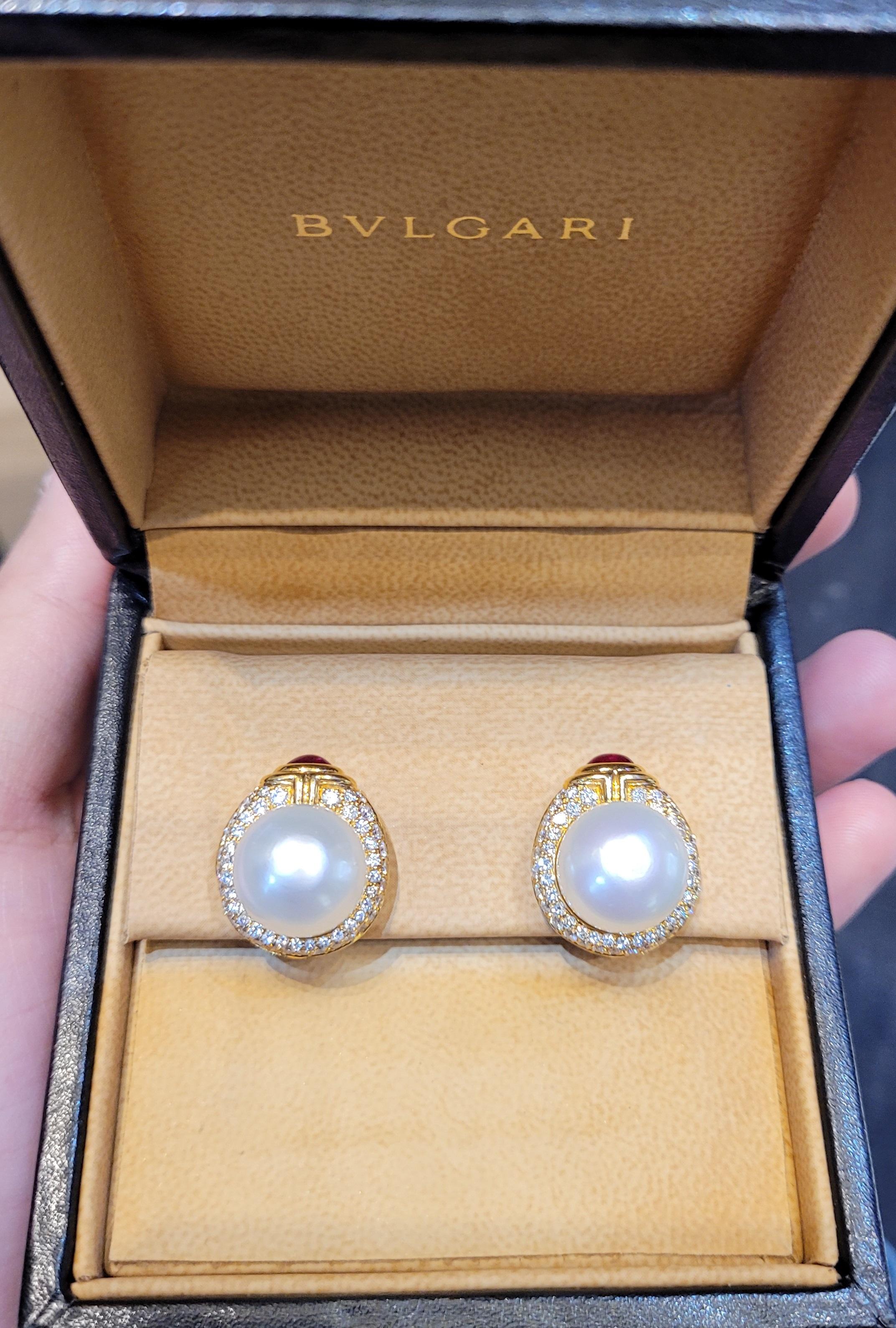 Bvlgari Pearl Diamond Ruby Ear Clips In Excellent Condition For Sale In New York, NY