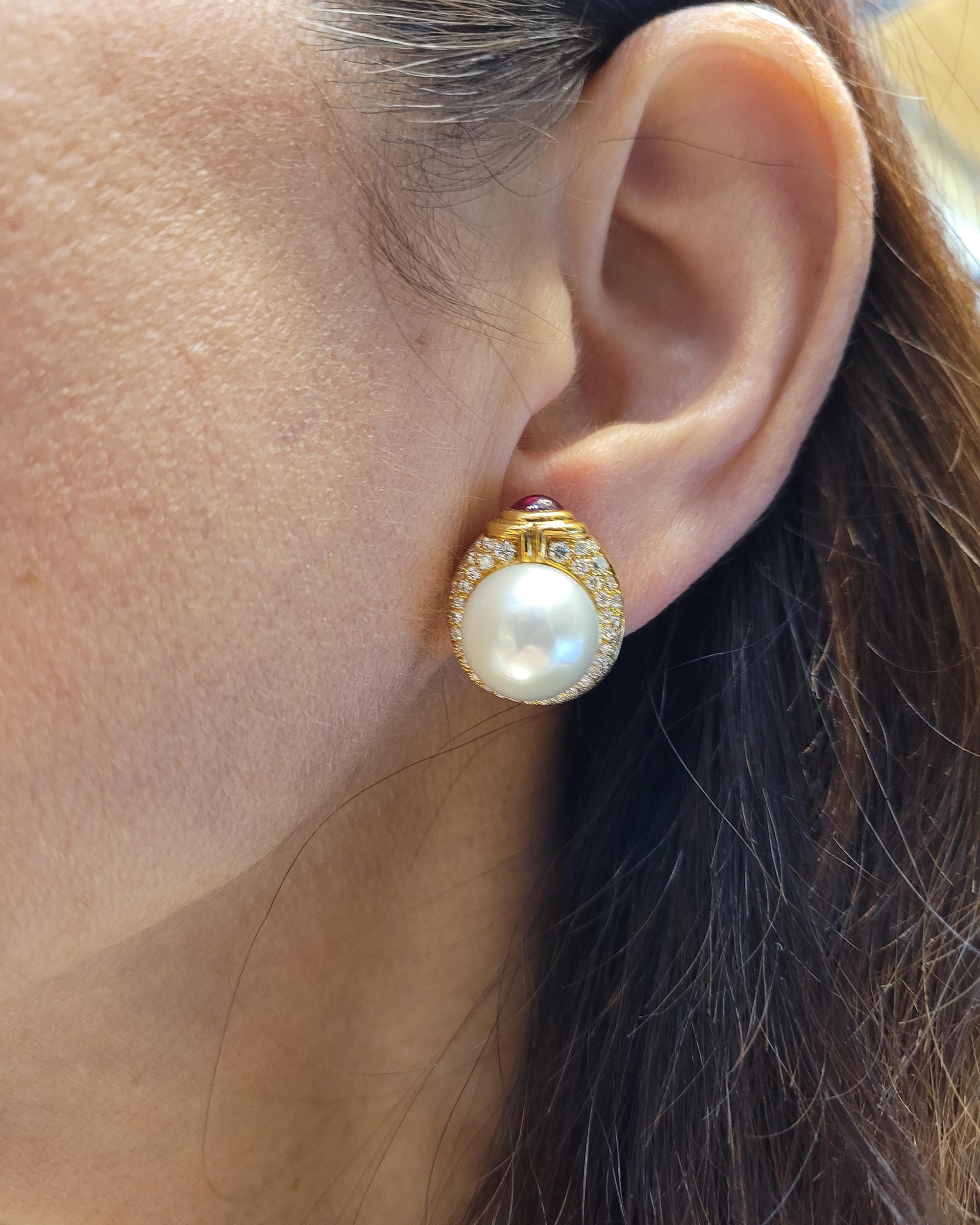 Women's Bvlgari Pearl Diamond Ruby Ear Clips For Sale