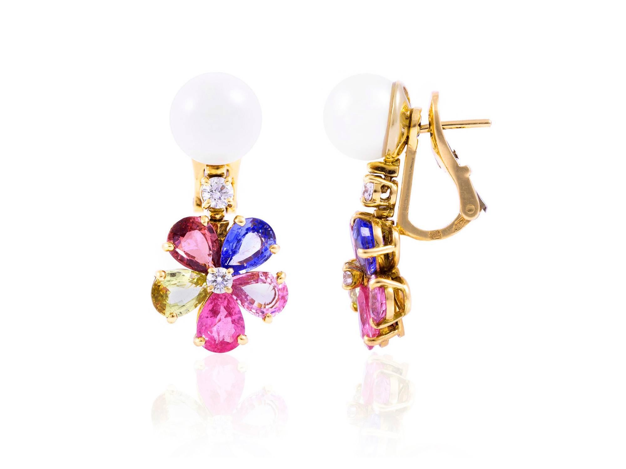 Bvlgari pearl multi-colored sapphires and diamond earrings finely crafted in 18k yellow gold with diamonds weighing 0.42 carat and sapphires weighing 7.78 carat.