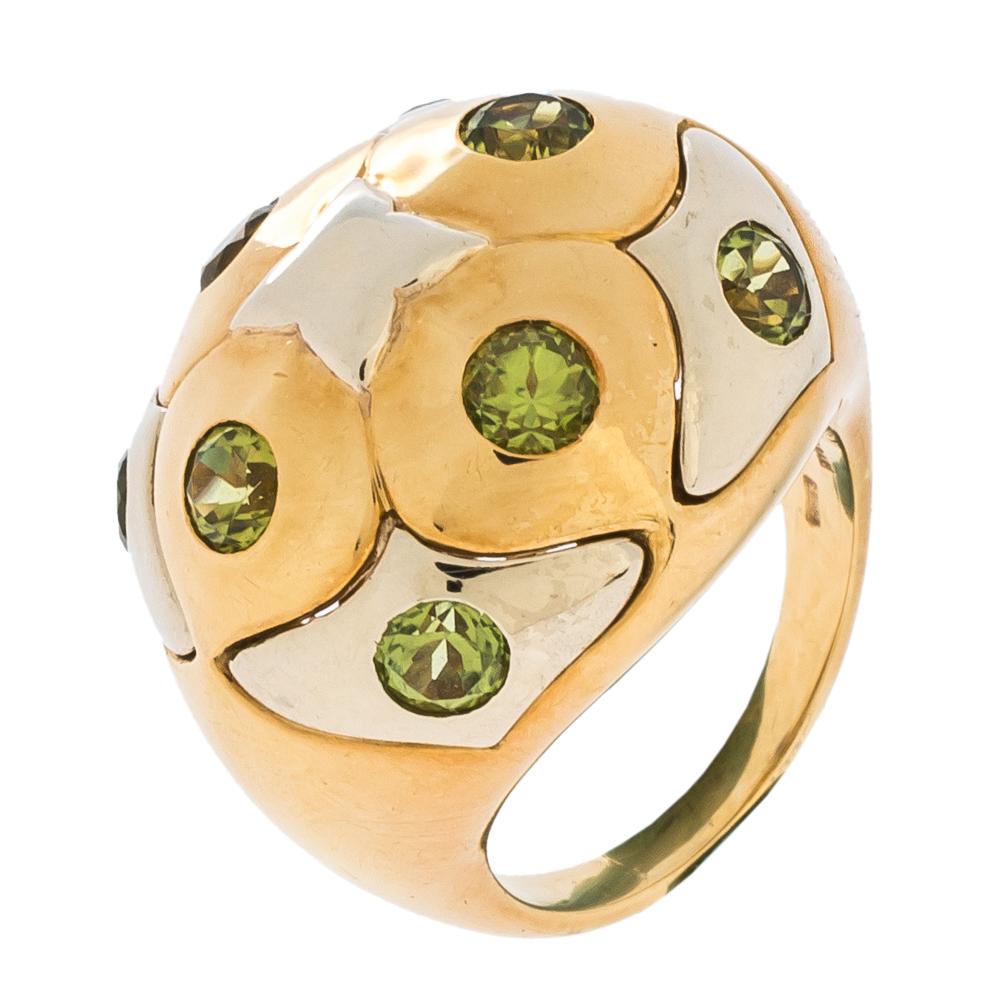 Contemporary Bvlgari Peridot 18K Yellow & White Gold Dome Cocktail Ring Size 53