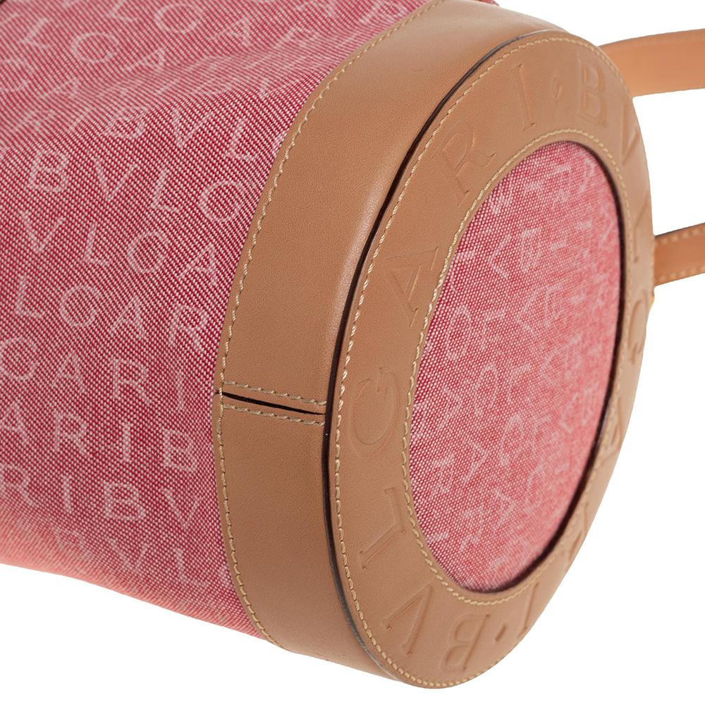 Bvlgari Pink/Beige Denim and Leather Cylinder Bag In Good Condition In Dubai, Al Qouz 2