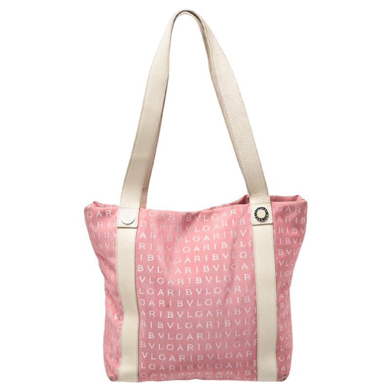 Bvlgari Pink/Beige Logo Mania Canvas and Leather Tote at 1stDibs
