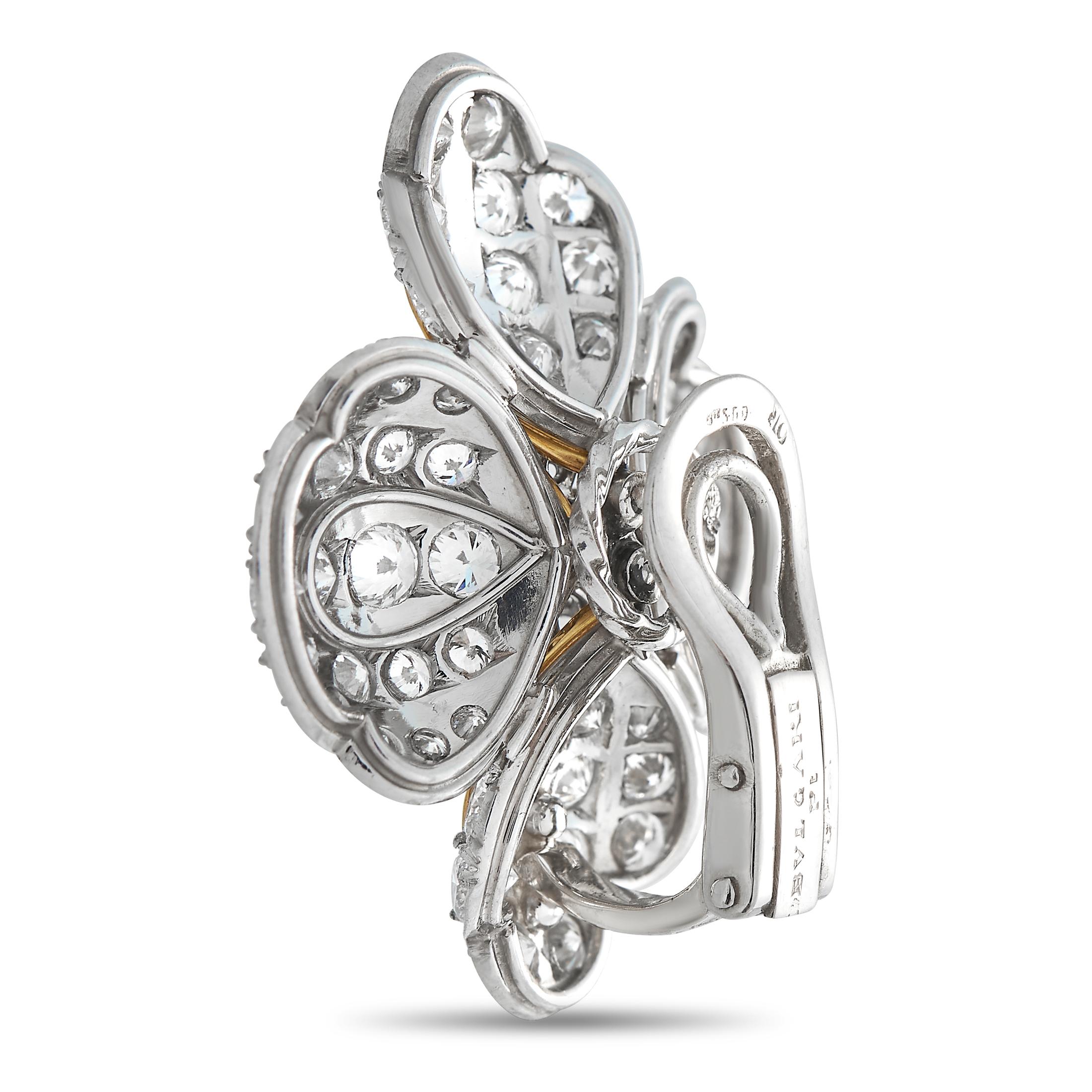 Sparkling round-cut diamonds with a total weight of 7.0 carats make these Bvlgari earrings endlessly impressive. Crafted from a combination of Platinum and shimmering 18K yellow gold, each one features a dramatic flower-shaped setting measuring
