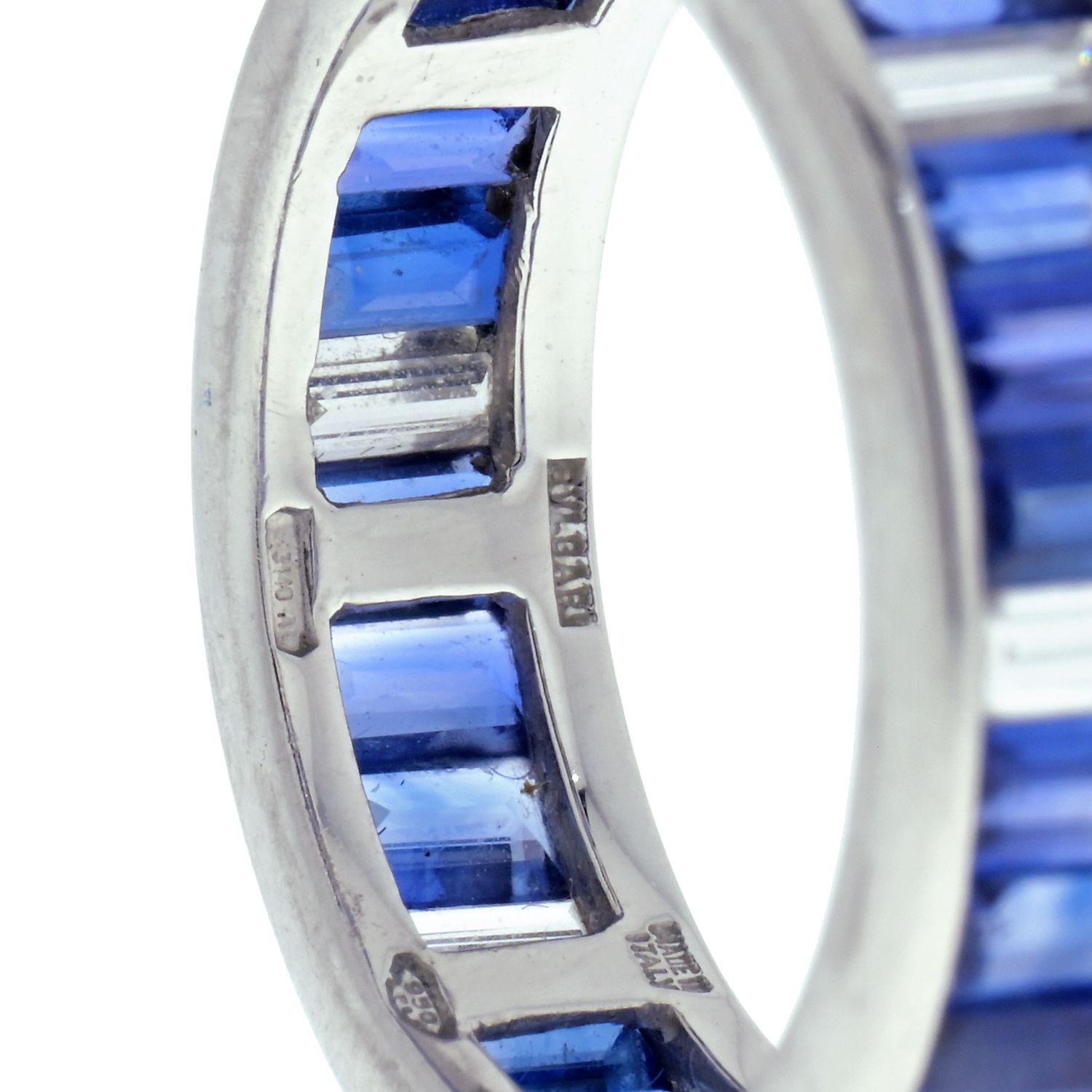 One very special Bvlgari diamond and sapphire ring. Crafted in platinum mounted with baguette cut gems: genuine blue sapphires and diamonds. 
Perfect for stacking or wearing as your wedding band. This ring is certainly one of a kind and doesn't come