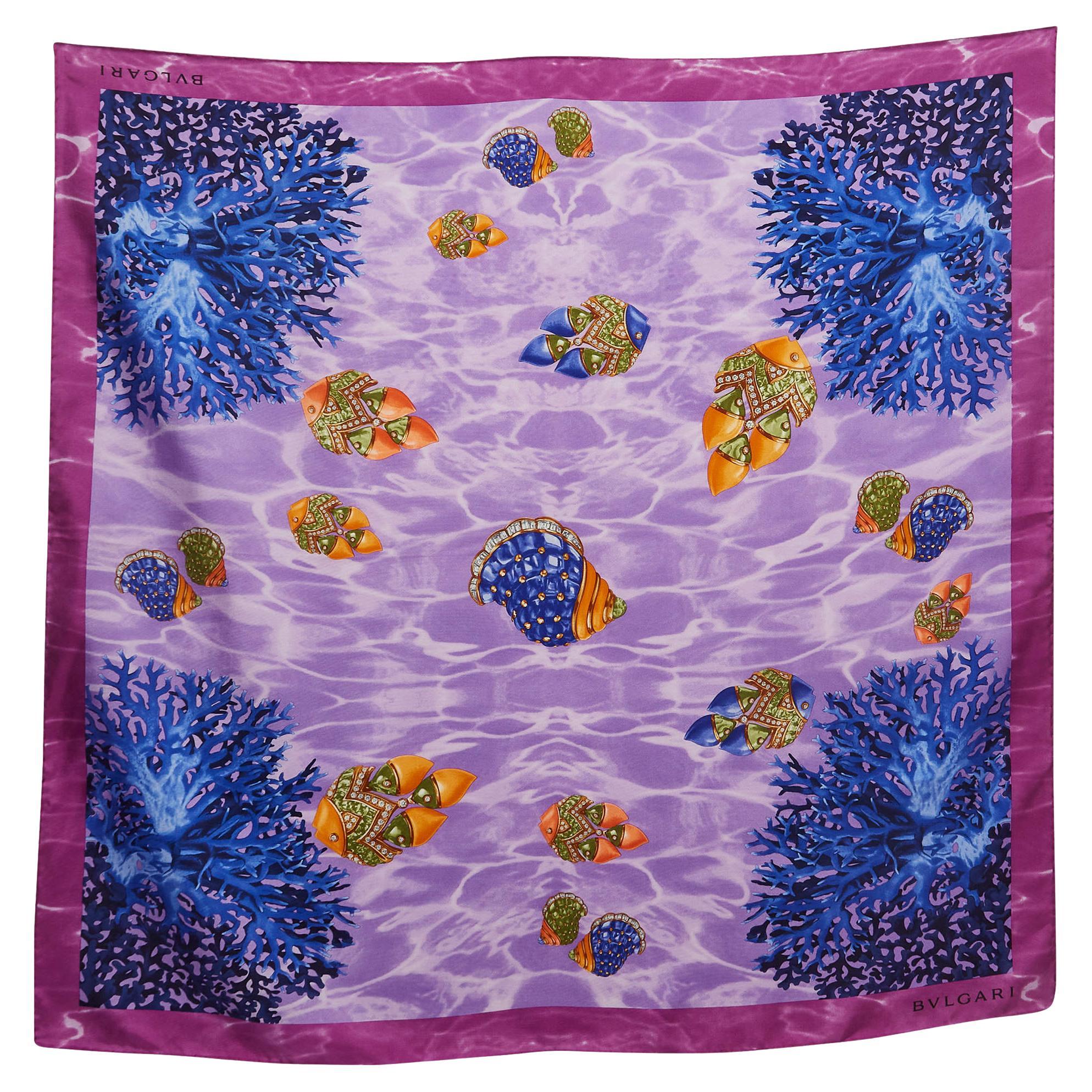 Bvlgari Purple Ocean Print Silk Square Scarf For Sale