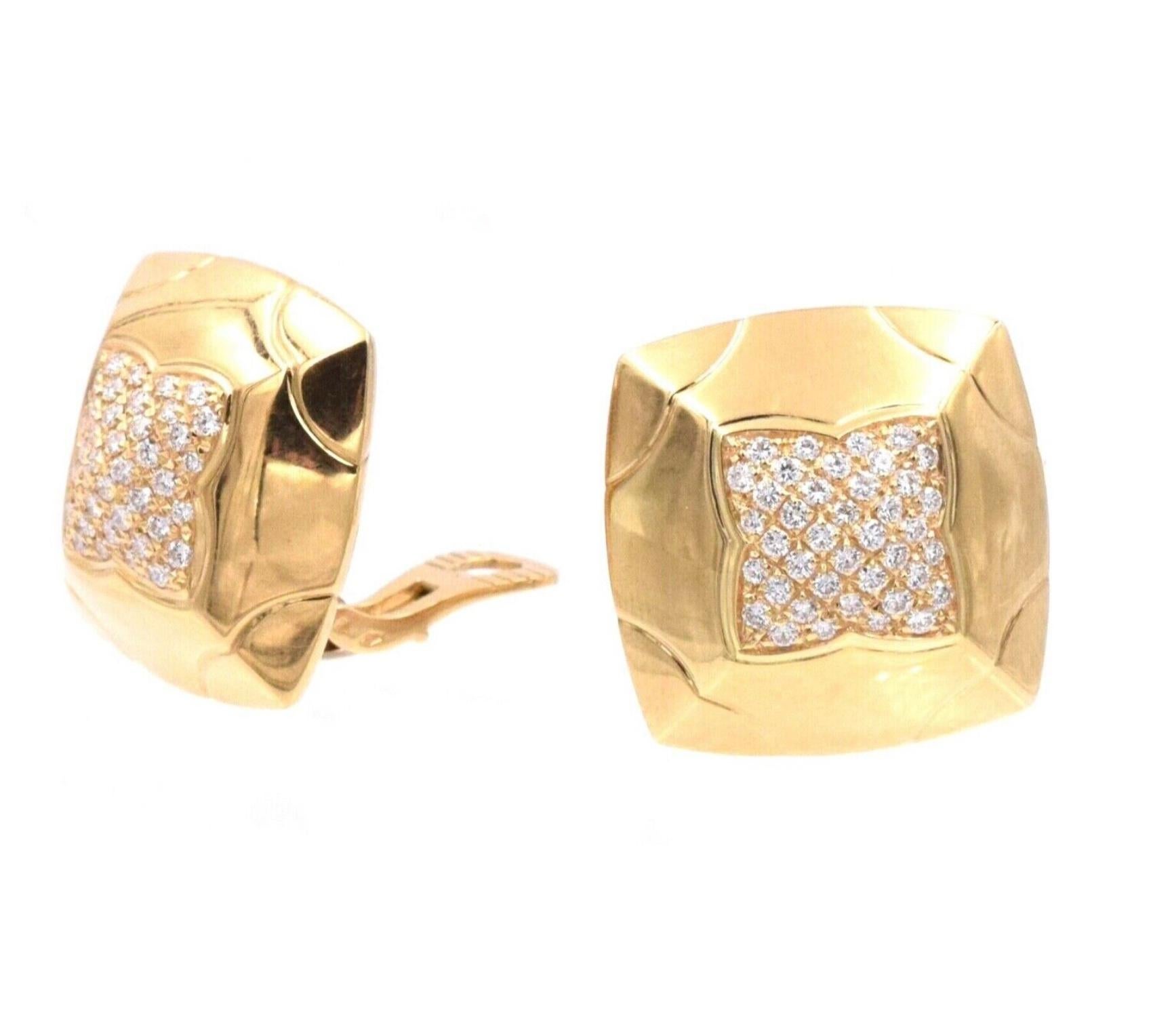 Bvlgari  Pyramid 18k Yellow Gold Diamond Earrings

Iconic Authentic Bvlgari Pyramid Earrings, Circa 1990, crafted in 18k yellow gold, with clip-on fastening. 

The centers adorn with pavé-set 80 round brilliant cut diamonds.

Each ear-clips signed
