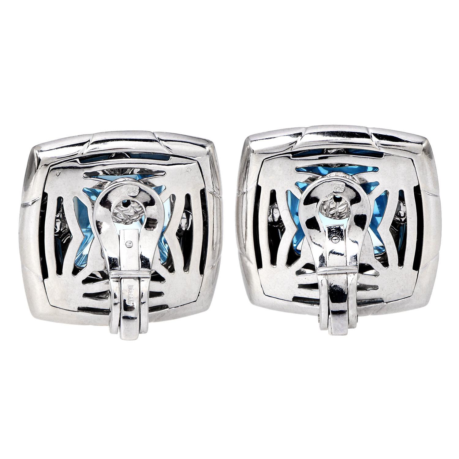 Modern Bvlgari Pyramid Blue Topaz Earrings 18K White Gold For Sale