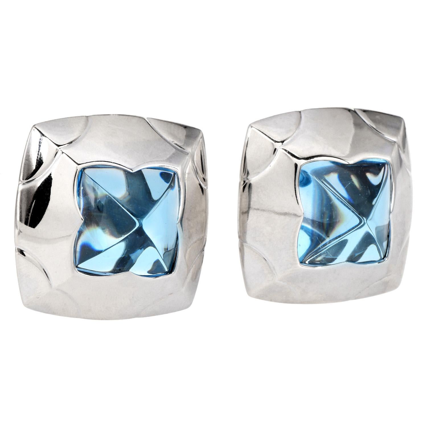 Sugarloaf Cabochon Bvlgari Pyramid Blue Topaz Earrings 18K White Gold For Sale