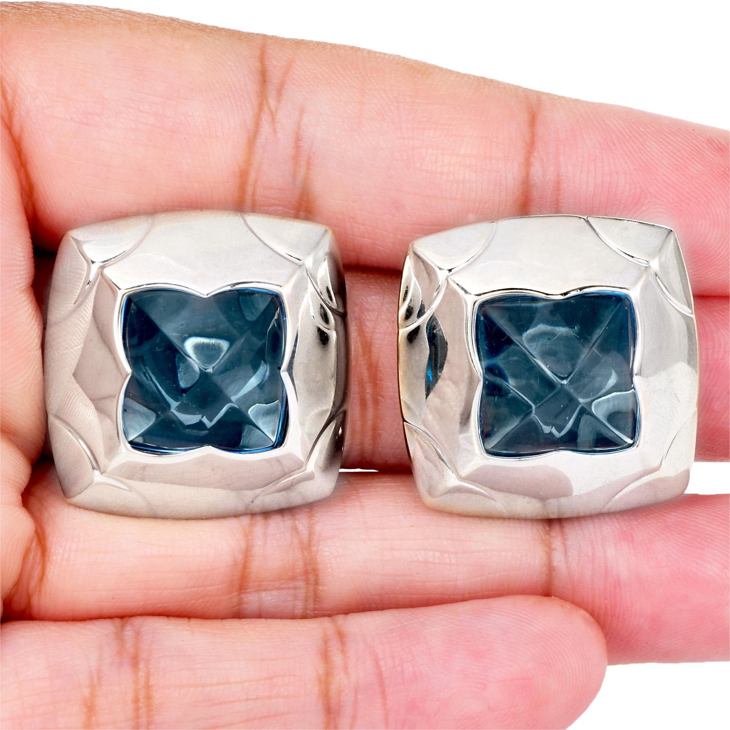 Bvlgari Pyramid Blue Topaz Earrings 18K White Gold In Excellent Condition For Sale In Miami, FL