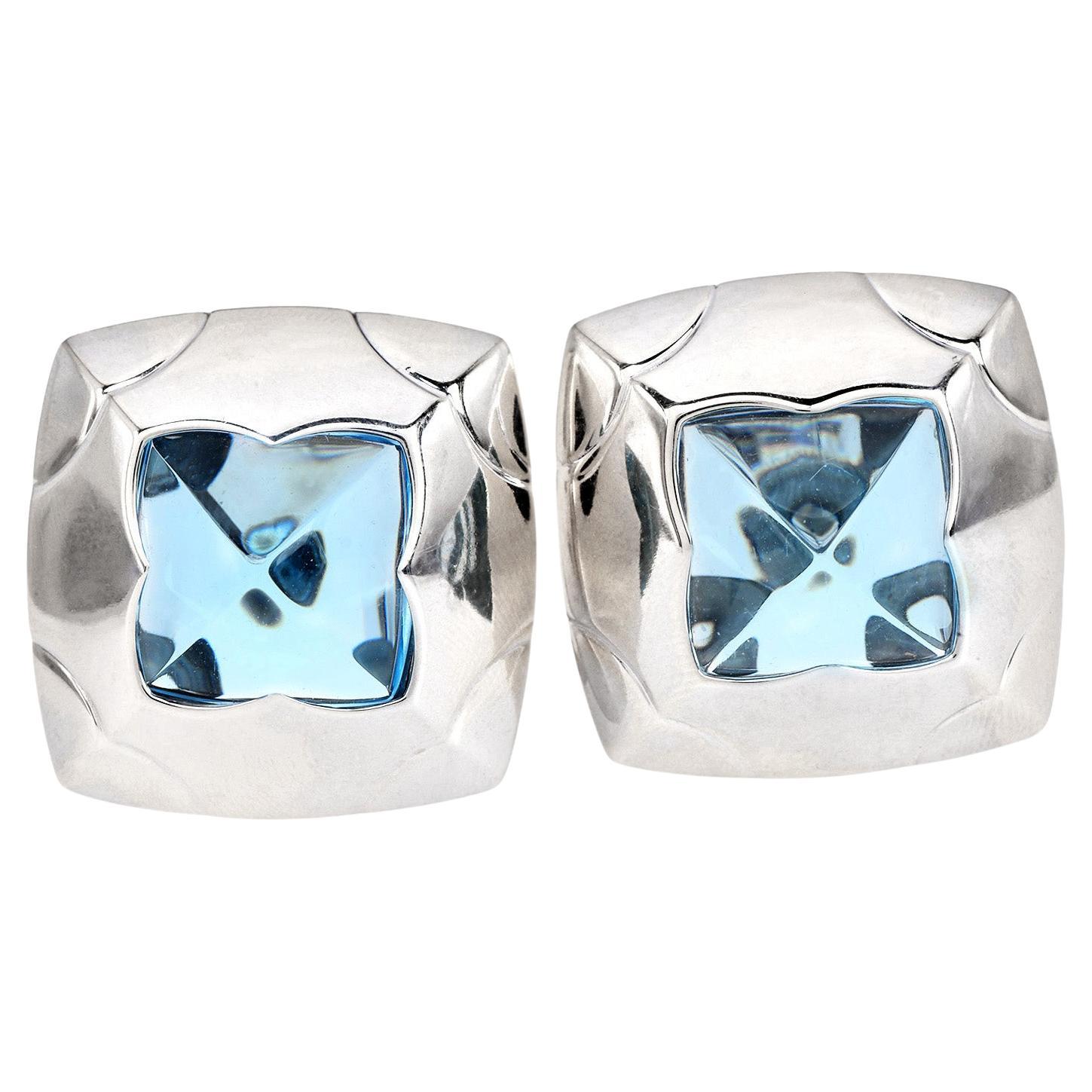 Bvlgari Pyramid Blue Topaz Earrings 18K White Gold For Sale