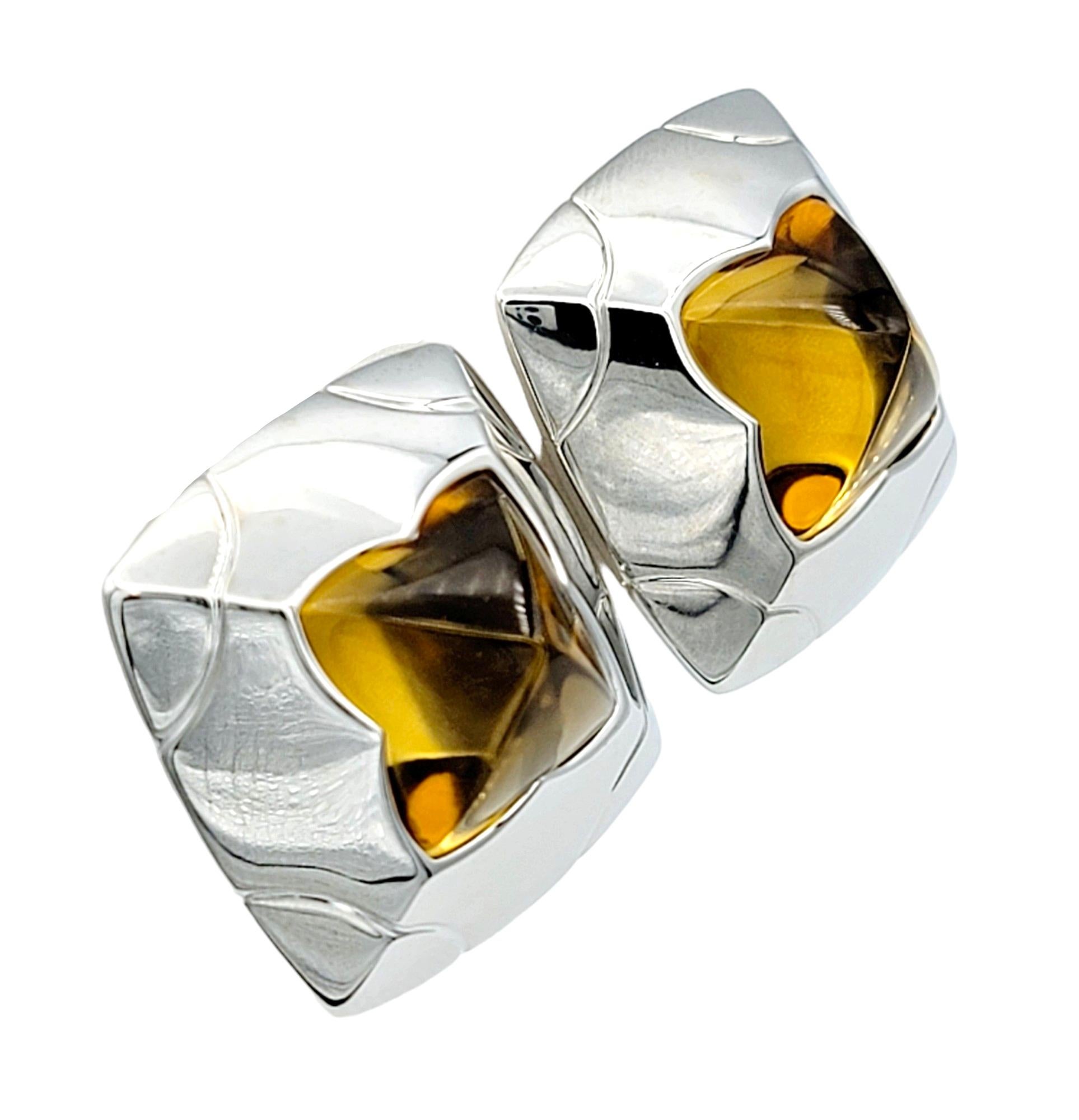 Cabochon Bvlgari Pyramid Citrine Non-Pierced Stud Style Earrings in 18 Karat White Gold For Sale