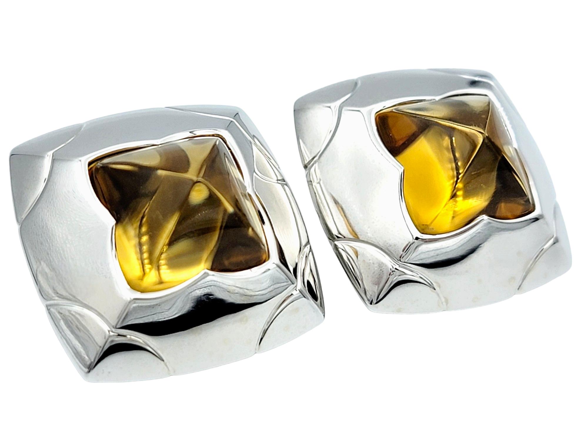 Bvlgari Pyramid Citrine Non-Pierced Stud Style Earrings in 18 Karat White Gold In Good Condition For Sale In Scottsdale, AZ