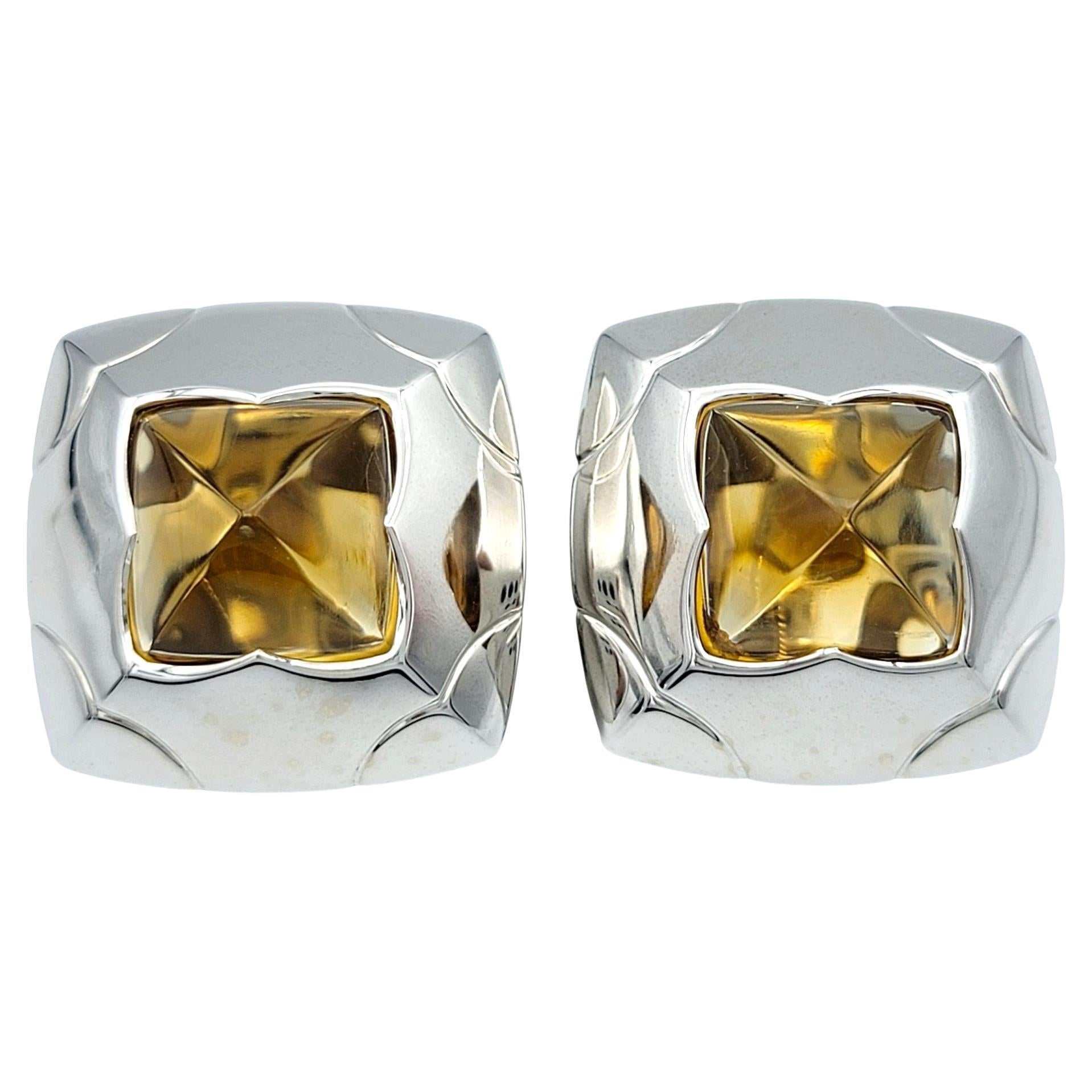 Bvlgari Pyramid Citrine Non-Pierced Stud Style Earrings in 18 Karat White Gold For Sale