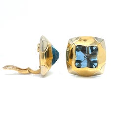 Bvlgari  Pyramid Clips Earrings Ring and Pendant 18Kt gold & carved Blue Topaz