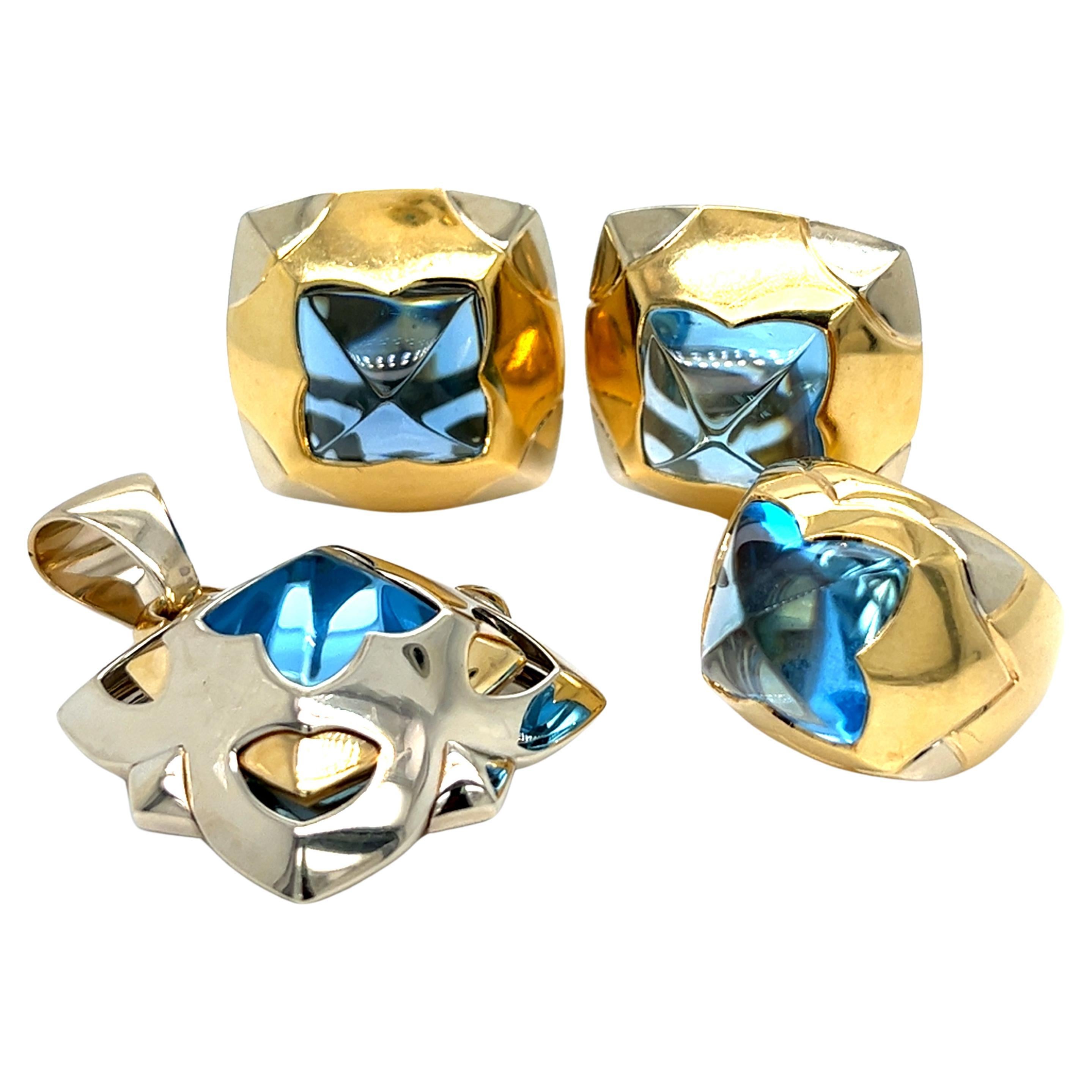 Bvlgari  Pyramid Clips Earrings Ring and Pendant 18Kt gold & carved Blue Topaz For Sale