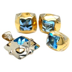 Retro Bvlgari  Pyramid Clips Earrings Ring and Pendant 18Kt gold & carved Blue Topaz