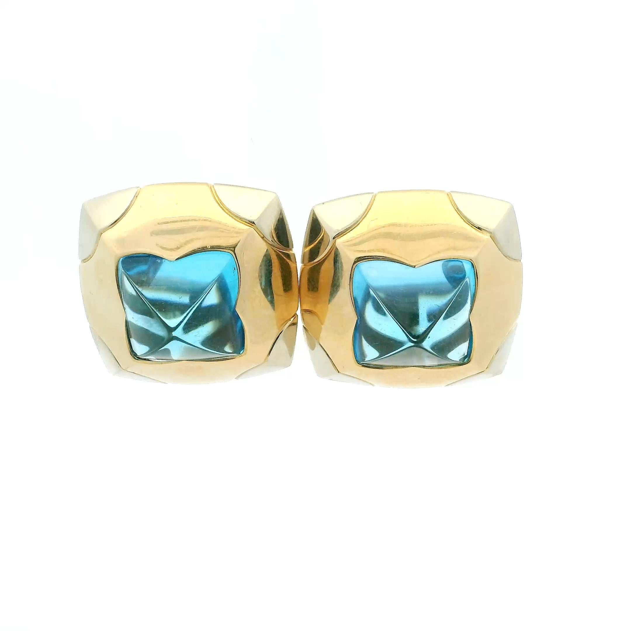 Bvlgari Boucles d'oreilles pyramide en or jaune 18 carats avec topaze bleue - Signé en vente 5