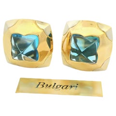Bvlgari Pyramid Earrings in 18K Yellow Gold with Blue Topaz – Signed