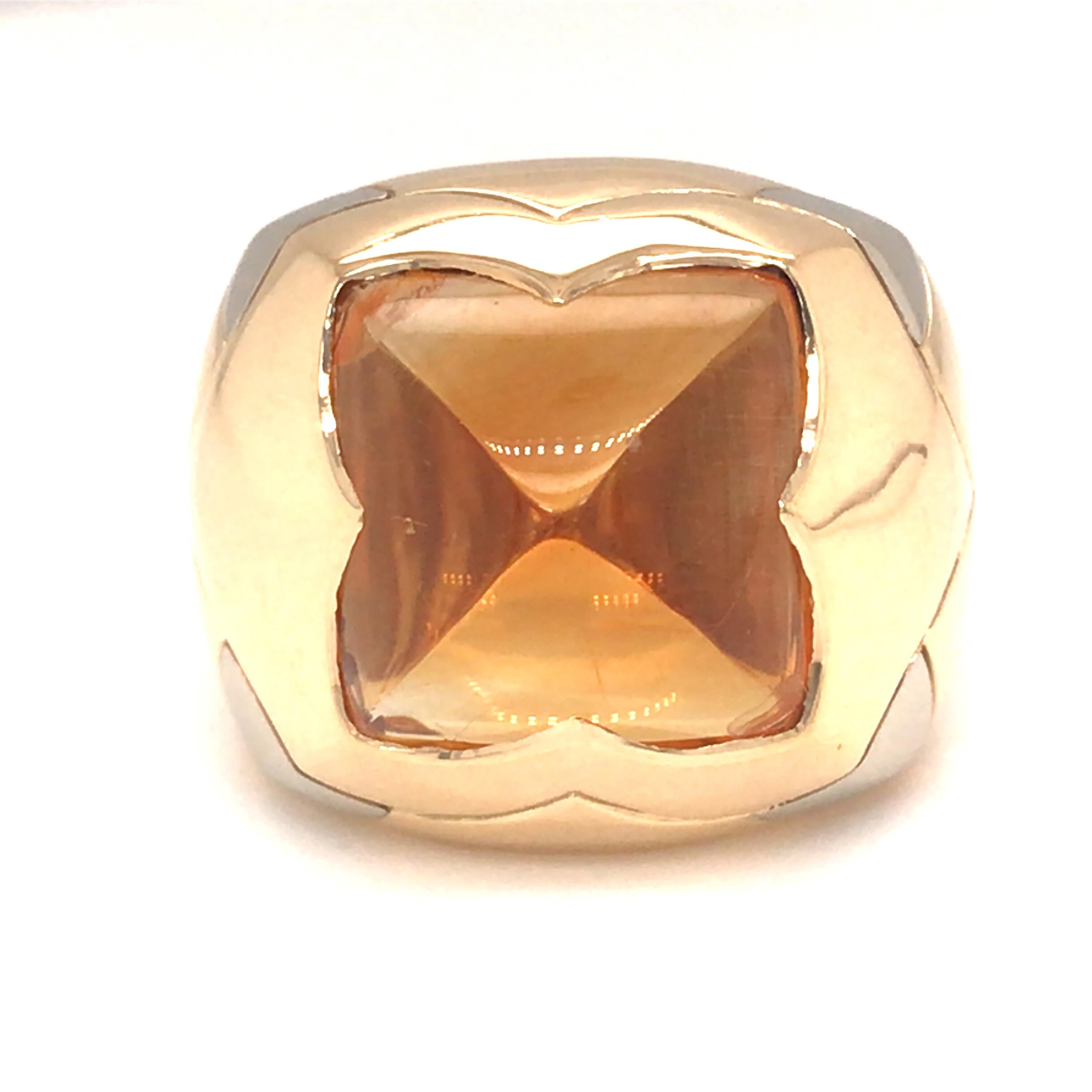 BVLGARI Pyramid Ring in 18K Yellow Gold.  The Ring measures 3/4 inch in width.  Stamped. Ring size 6 3/4.  BVLGARI 25-6-99 750 *159 ROMA.  15.70 grams.