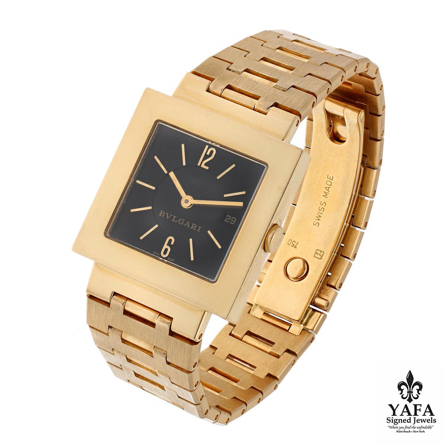 Basic Information﻿
- Brand: Bvlgari
- Model: Quadrato 29
- Reference number: SQ29GGD
- Movement: Quartz
Complications  - Date
- Case Size: 29mm
- Dial: Black
- Case Material: 18K Yellow Gold
- Bracelet Material: 18K Yellow Gold
- Approximate Year of